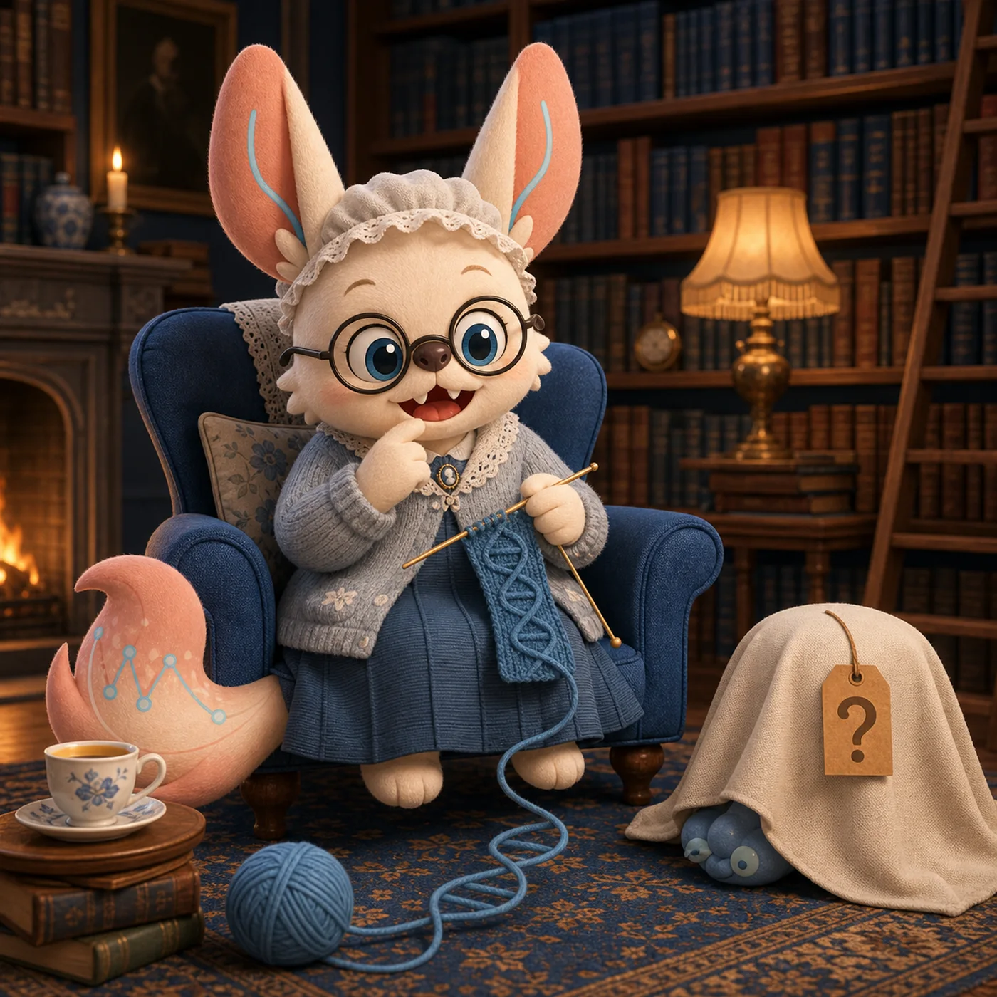 Healshu as Miss Marple knitting in a library armchair, a strand of yarn leading to a small covered figure with a question-mark tag on the rug