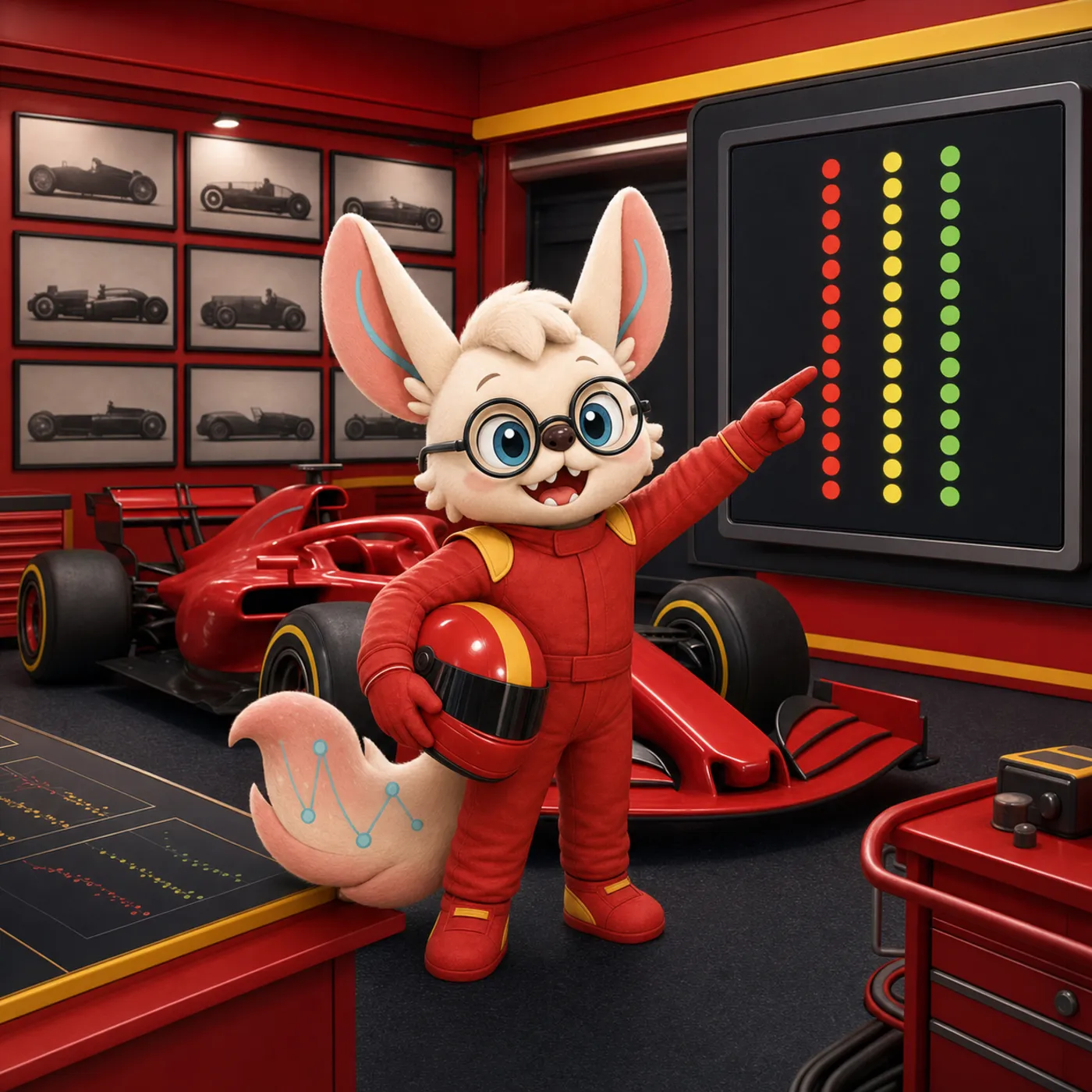 Healshu as an F1 driver in a red racing suit, helmet tucked under one arm, pointing at a timing screen of sector dots on the pit wall while a red F1 car passes behind