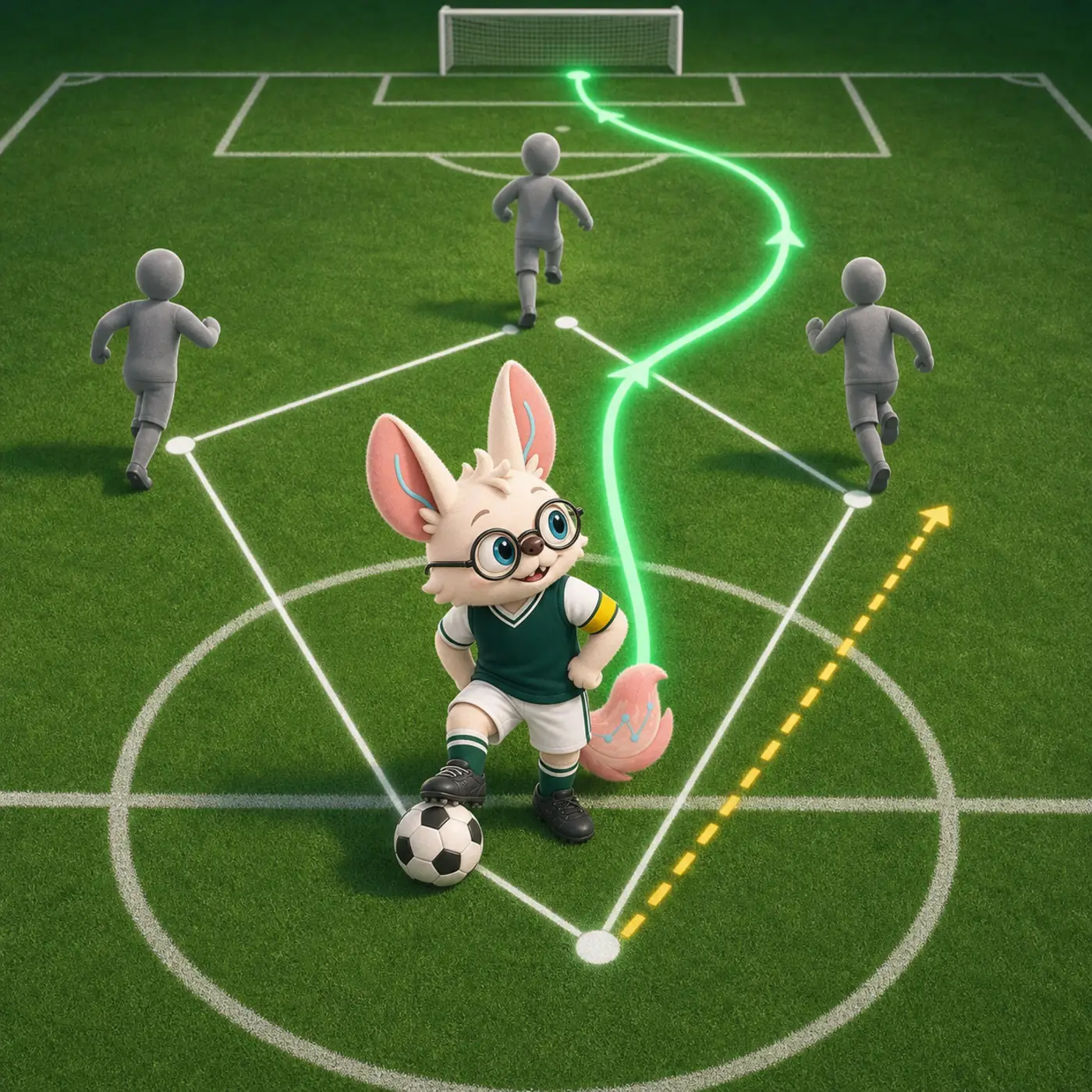 Healshu as a football midfielder in a green and white kit holding the ball at the center circle, passing lanes drawn on the pitch toward running teammates, one optimal lane highlighted