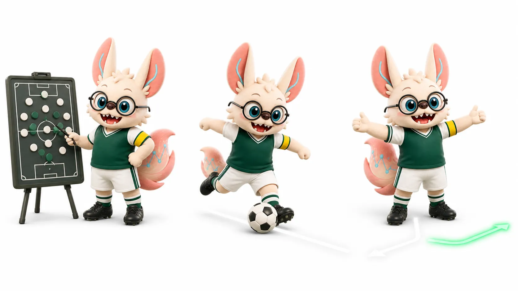 Three poses of Healshu as a football midfielder reading a dot formation, playing a first-time pass, and directing two branching passing lanes
