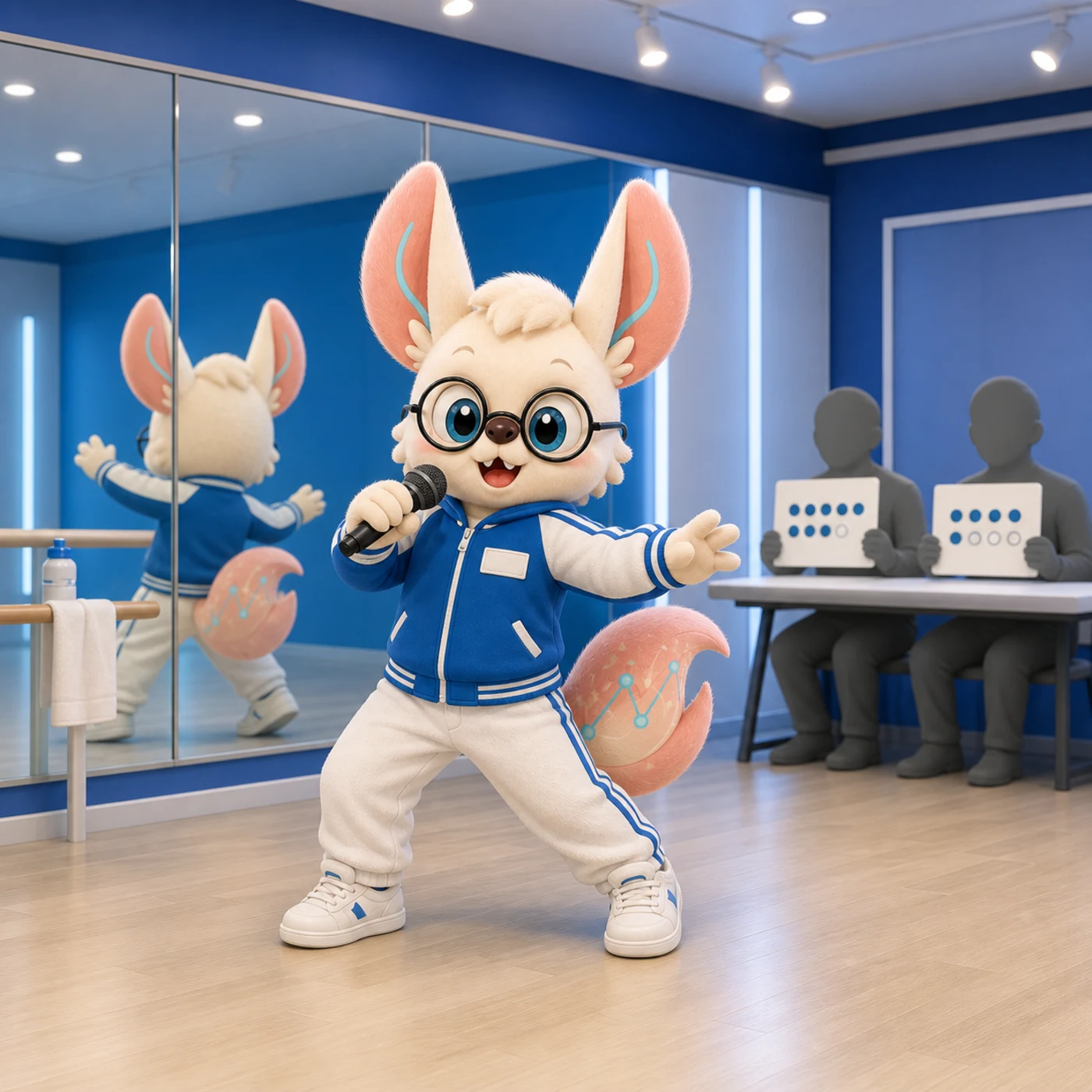 Healshu as a K-pop trainee in a blue training jacket performing in a practice studio mirror while a mentor panel holds scorecards with only dot ratings