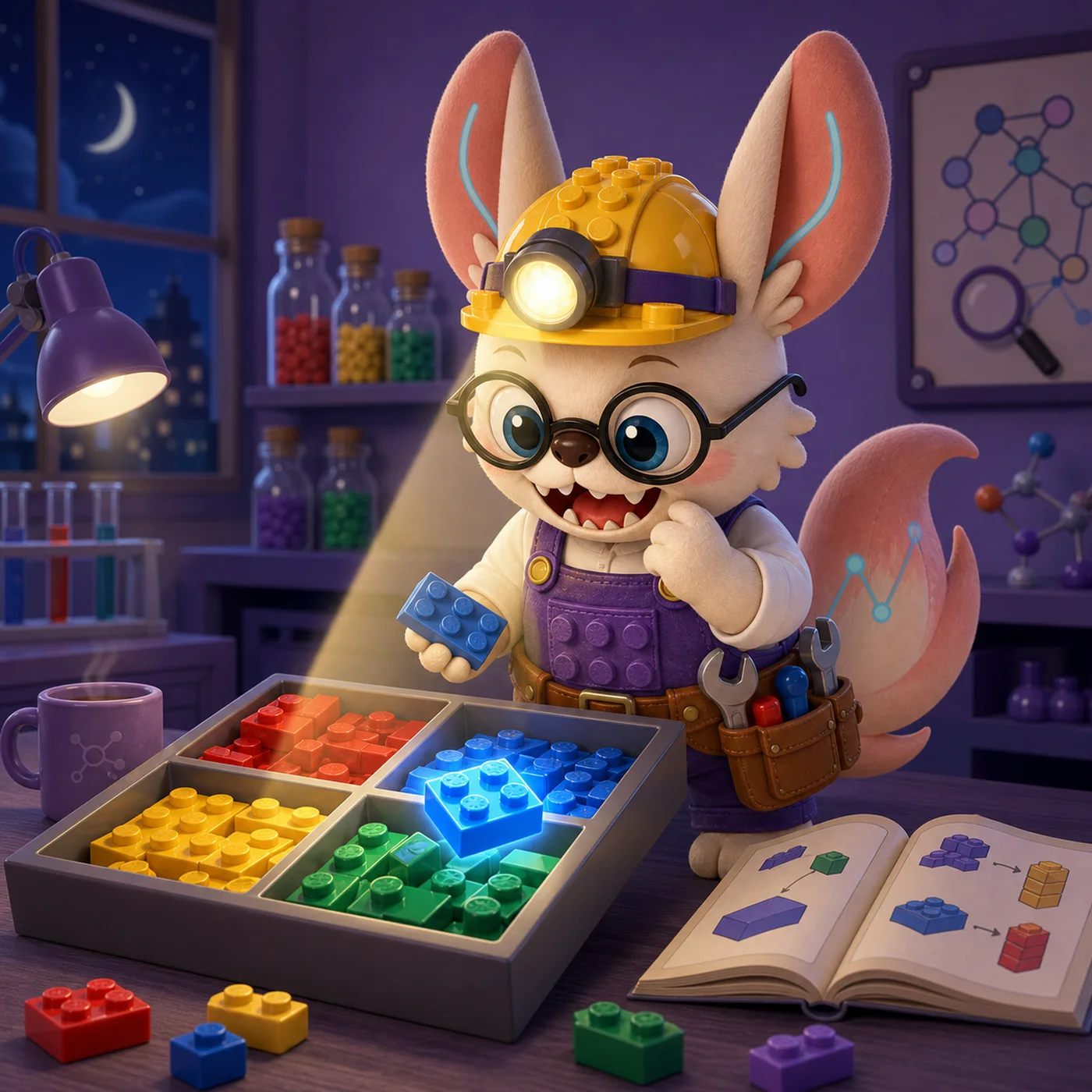 Healshu wearing a miner headlamp whose beam spotlights one glowing blue brick in a color-sorted tray while other bricks fade into shadow