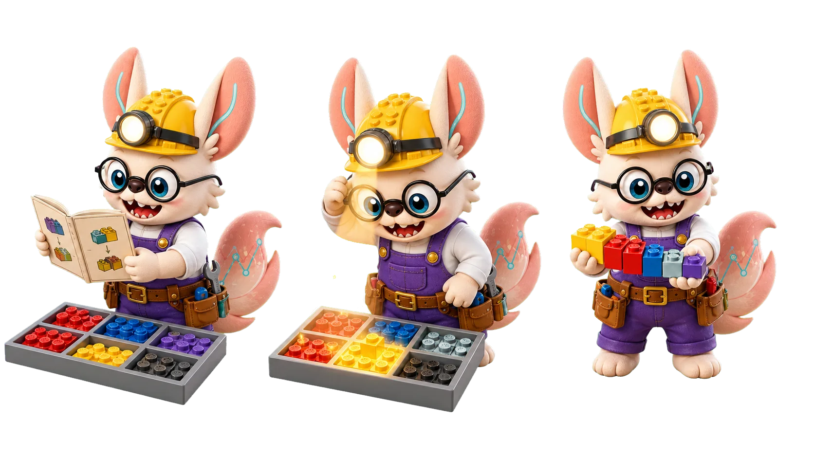 Healshu as a LEGO master builder with a headlamp: checking part numbers in the booklet, sweeping the beam across glowing bricks, and grabbing the brightest pieces