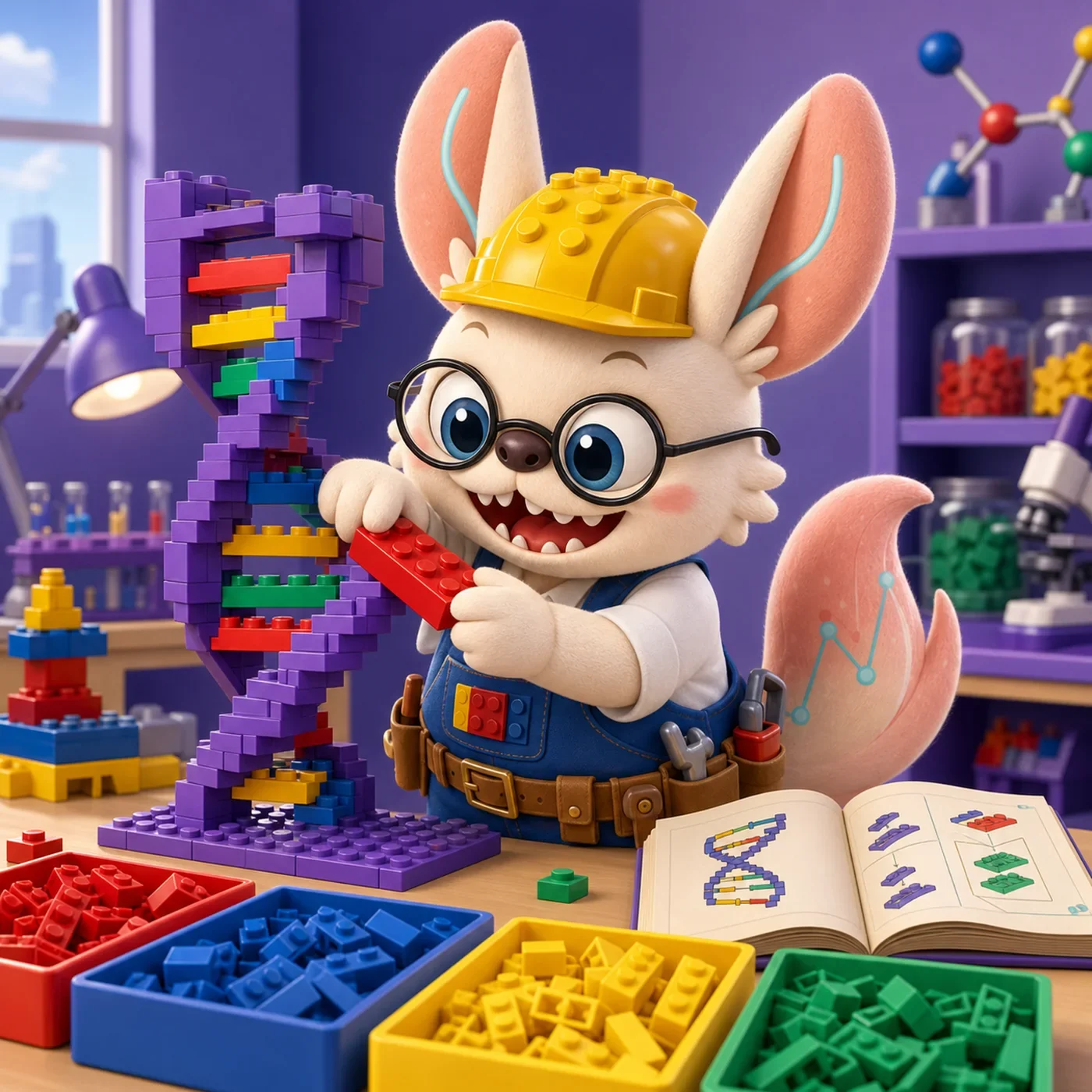 Healshu LEGO master builder at a workbench with sorted bricks and a blank plan