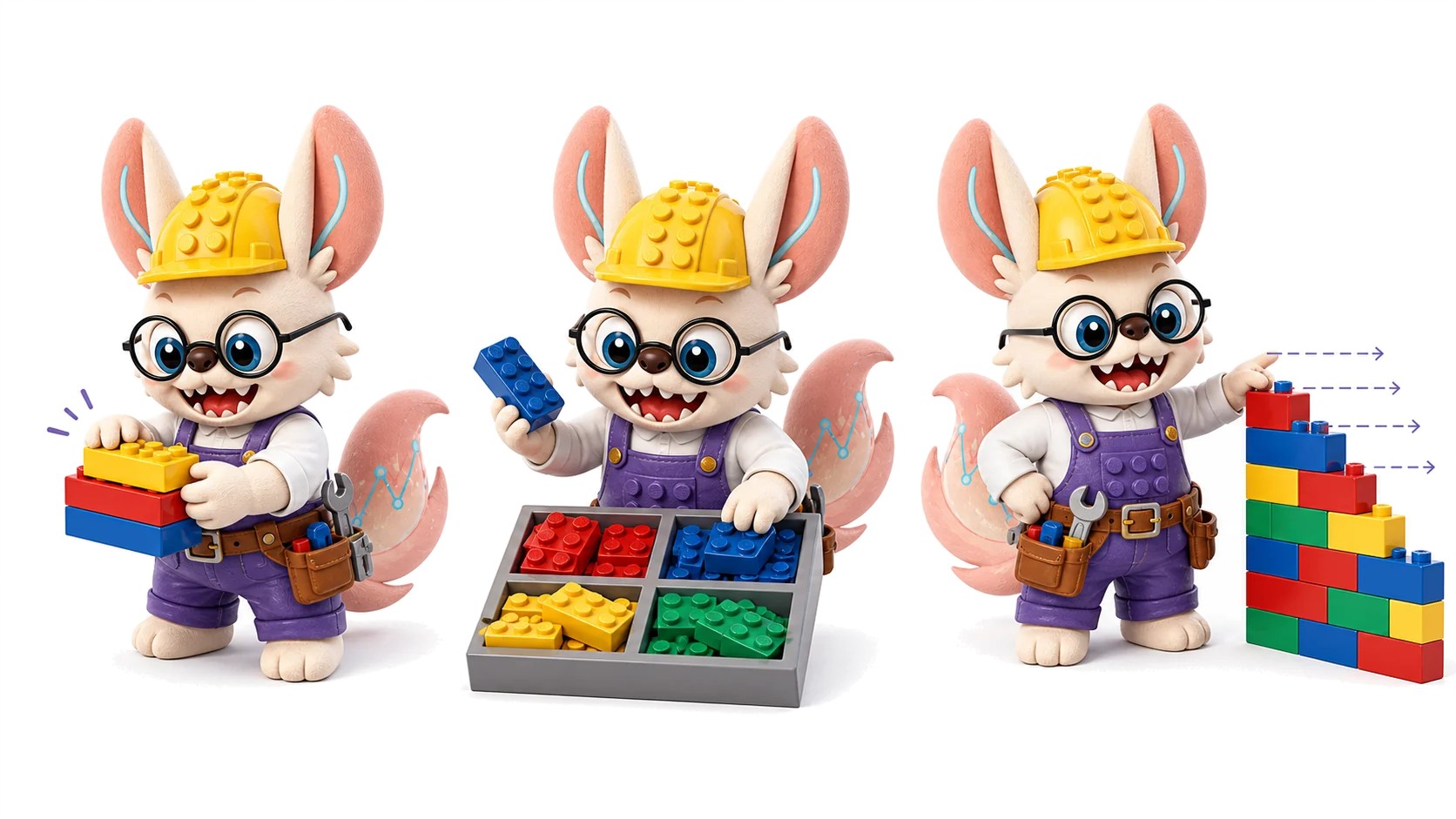 Healshu LEGO master builder showing brick comparison, sorting, and difference-finding poses
