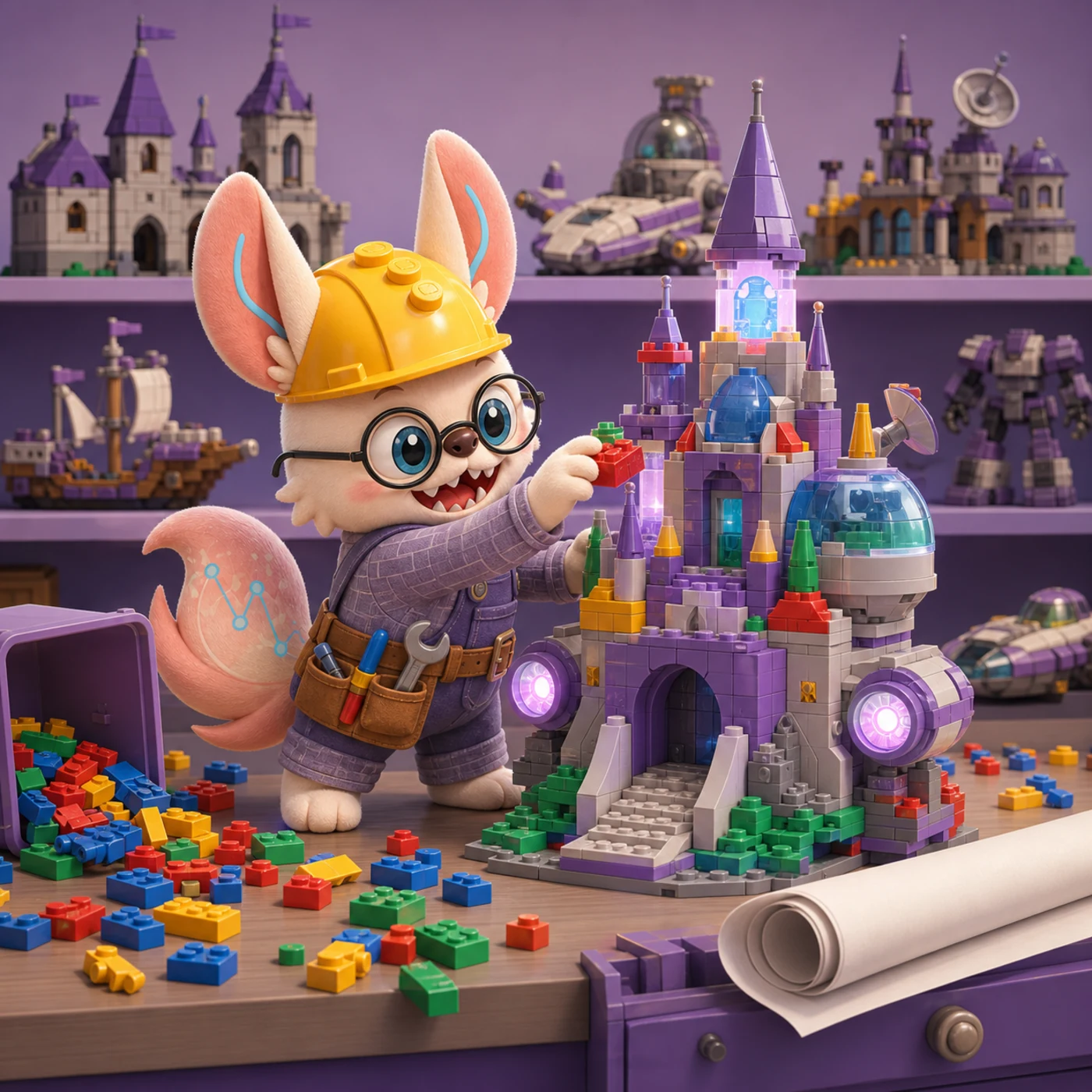 Healshu LEGO master builder free-building a castle from a scatter bin with a blank rolled blueprint beside him, the new castle glowing softly