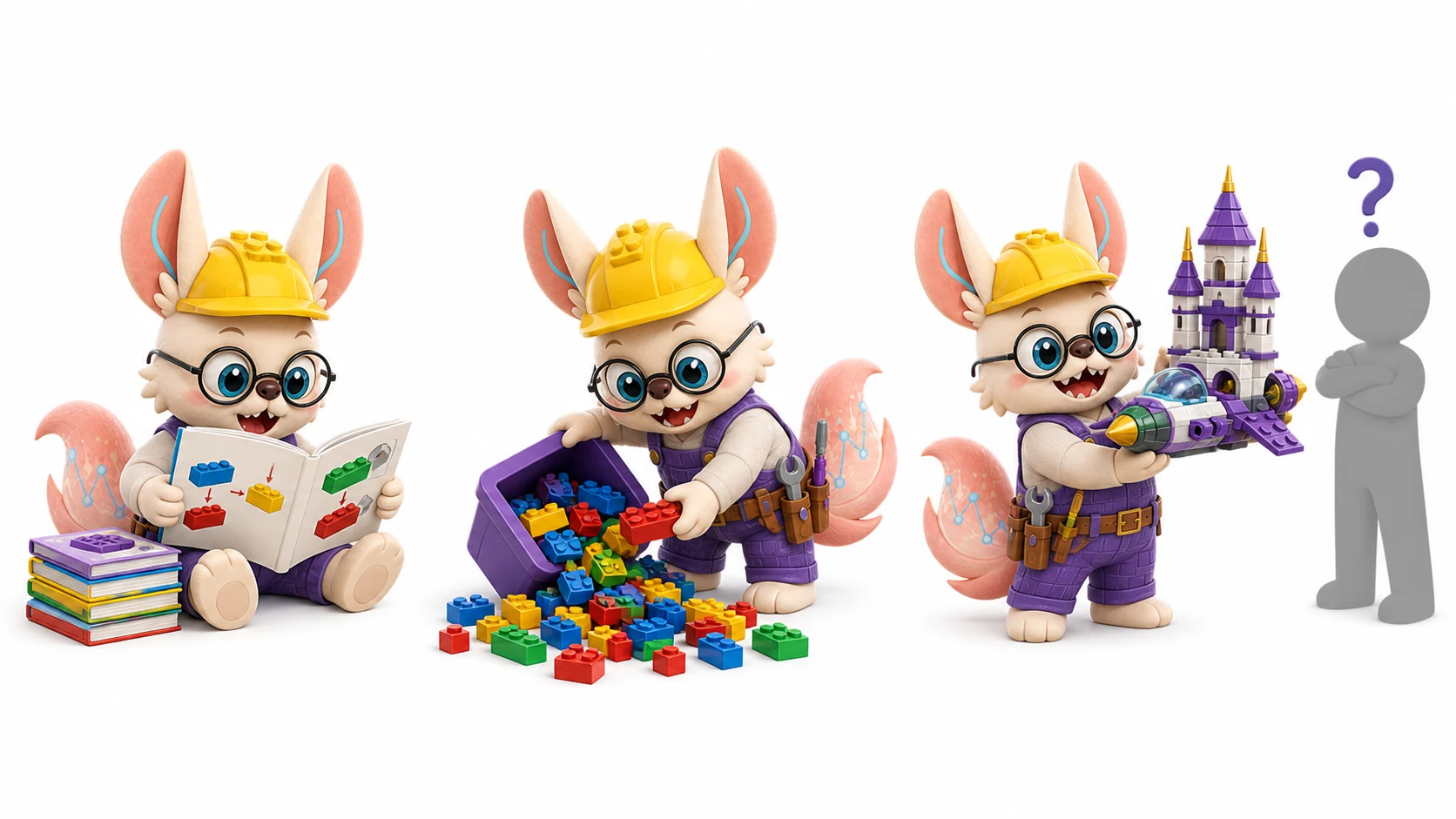 Healshu as a LEGO master builder studying kit booklets, tipping a bin of colorful bricks, and presenting a free-built castle to a skeptical appraiser