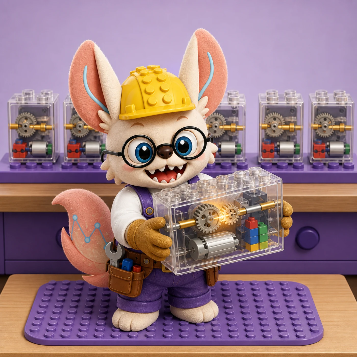 Healshu LEGO master builder at a workbench with a transparent cutaway power brick showing the gearbox, motor, driveshaft, and regulator inside, a row of identical machines behind