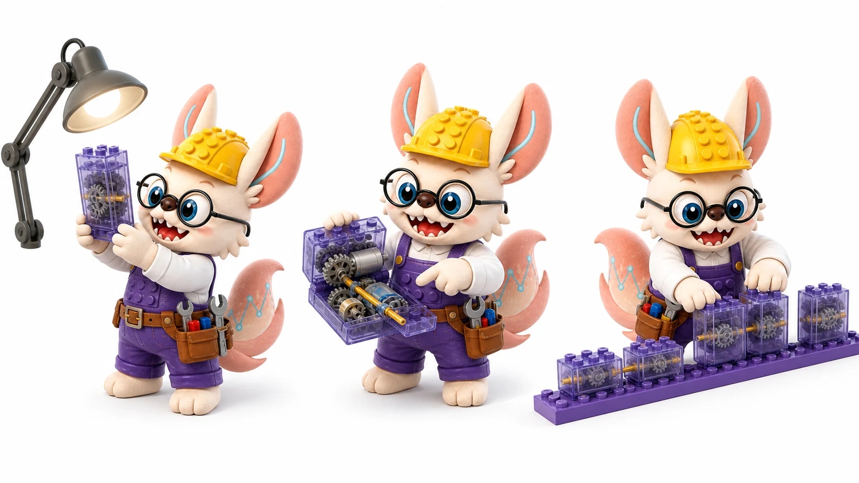 Healshu as a LEGO power brick specialist holding a sealed power brick to the light, pointing at a golden driveshaft inside a cutaway brick, and snapping a power brick onto a studded rail