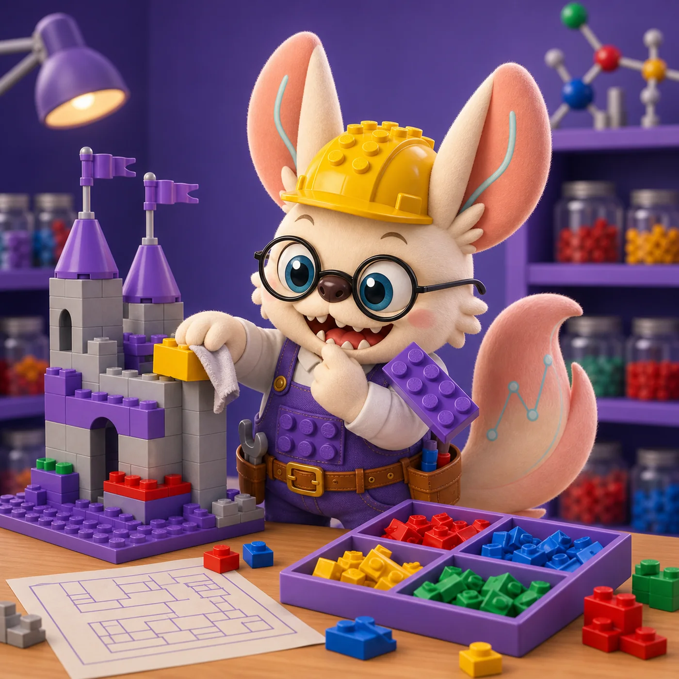 Healshu LEGO master builder covering one brick on a half-built castle to guess the hidden piece