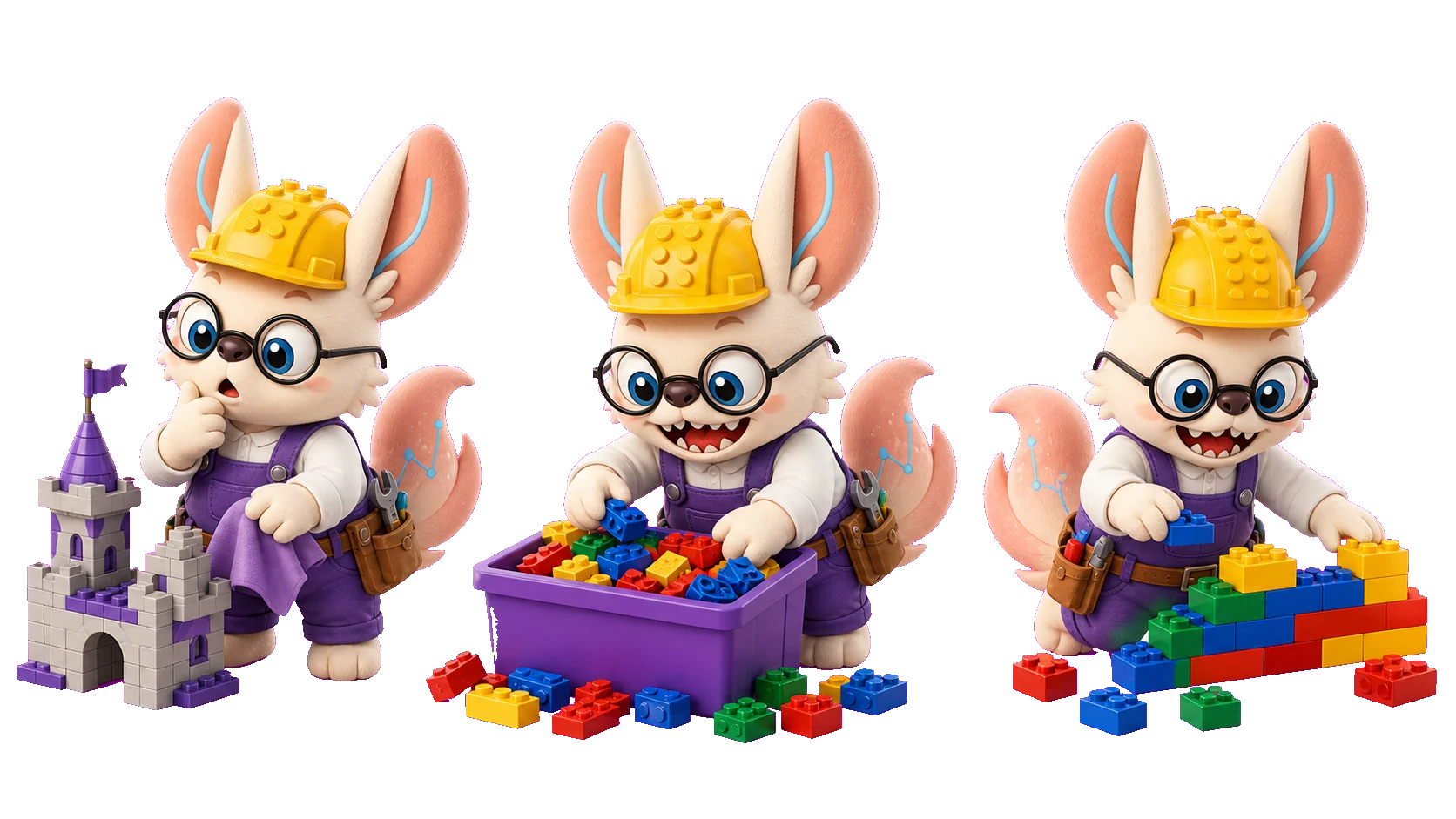 Healshu LEGO master builder practicing masked-brick pretraining in three poses