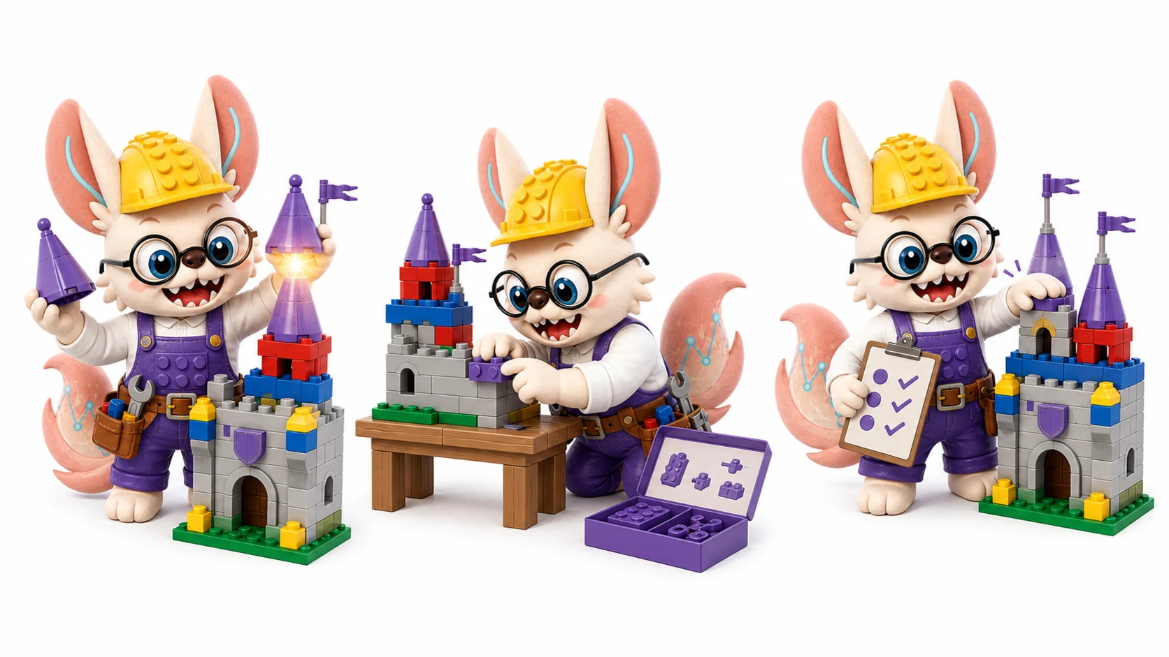 Healshu as a LEGO retrofit master swapping a castle tower top, installing an official add-on piece, and stress-testing the modified castle with a checklist