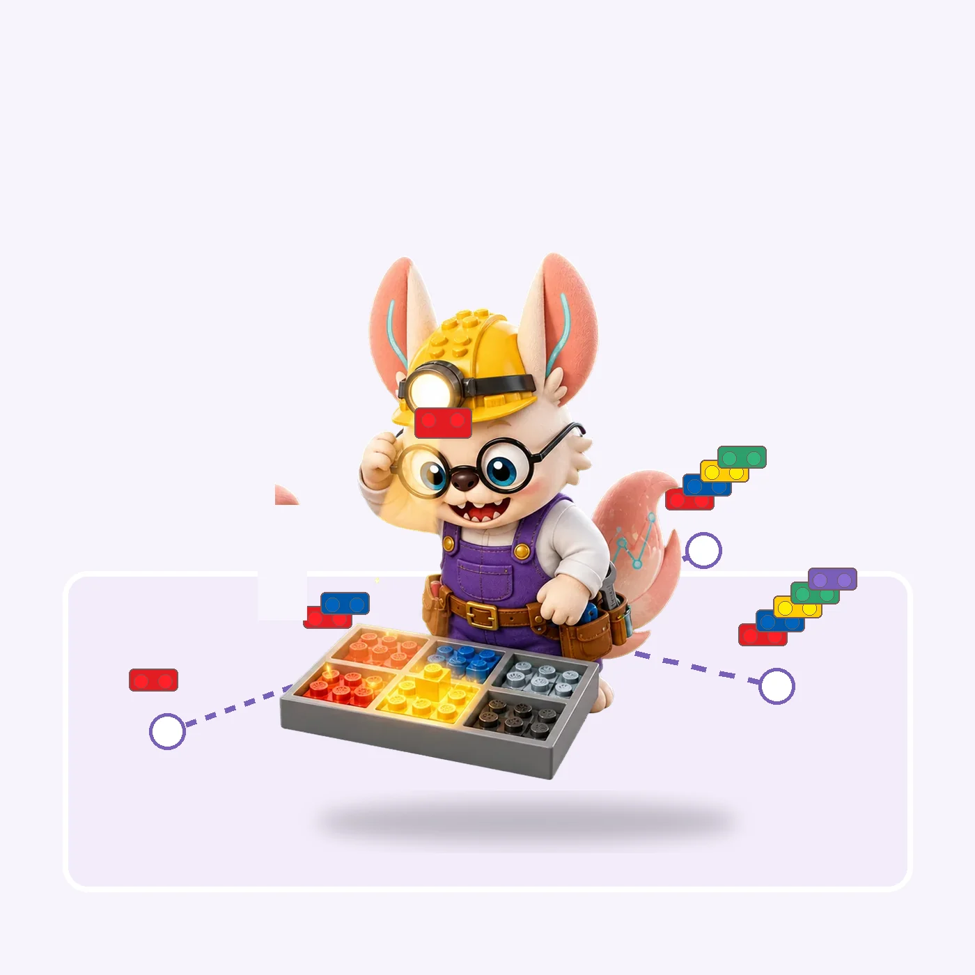 Healshu the fox in a hard hat and headlamp beside a sorted brick tray, with two part-built brick stacks of different heights linked by a dashed path