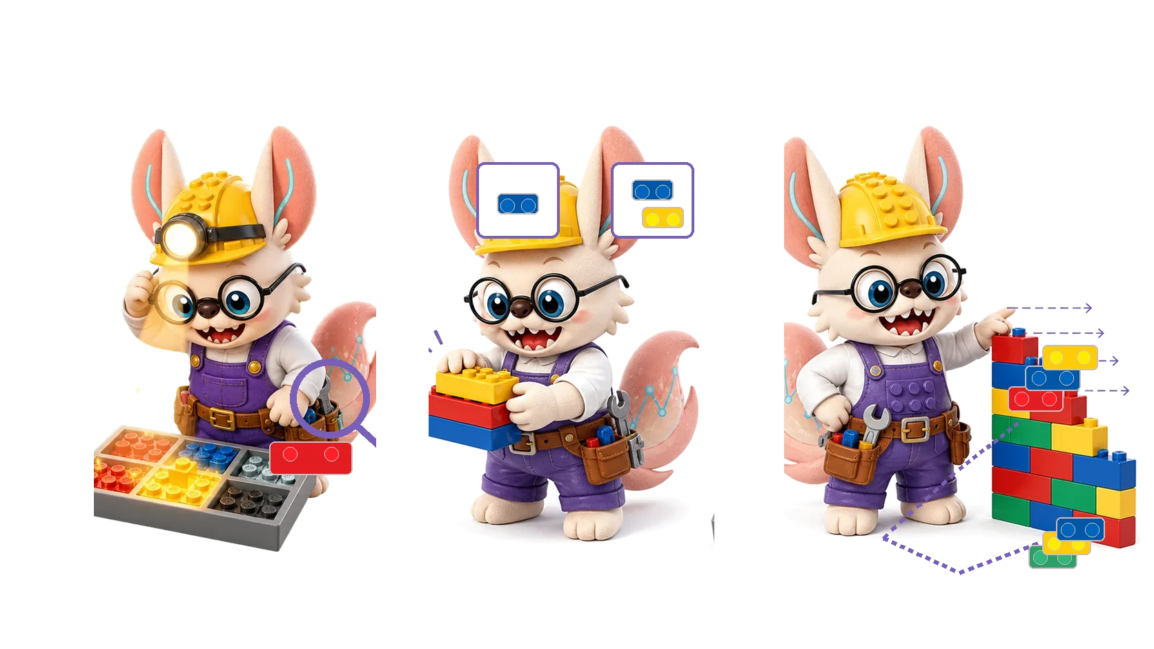 Three poses of Healshu the fox: inspecting a sorted brick tray with a magnifier, holding a two-brick stack next to a one-brick and two-brick comparison, and pointing at a tall finished brick wall with a branching dotted path