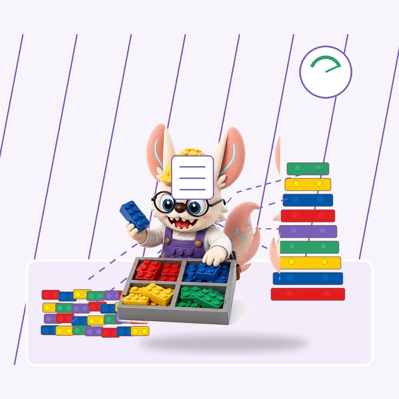 Cartoon fennec builder holding a blue brick beside a sorting tray, with a loose scatter of coloured bricks on the left and a neatly stacked target wall on the right, dashed lines linking the two piles