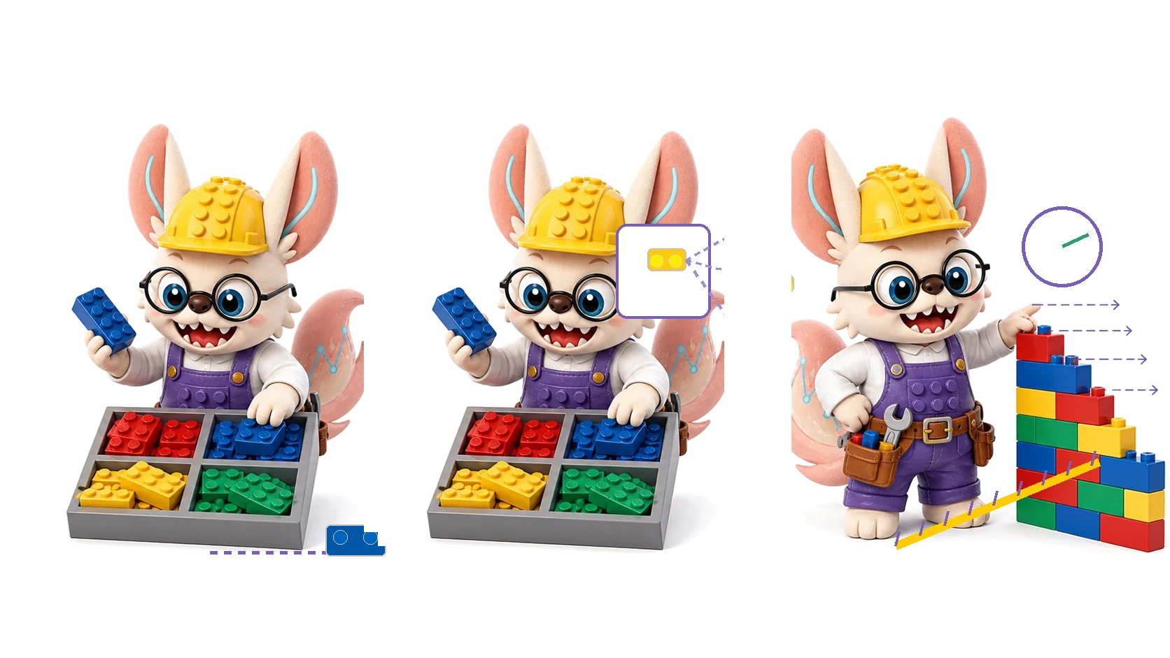 Three poses of the fennec builder: surveying a full sorting tray of red, blue, yellow and green bricks; inspecting a single brick in a magnified callout; and pointing at a finished multi-colour wall with arrows showing bricks arriving