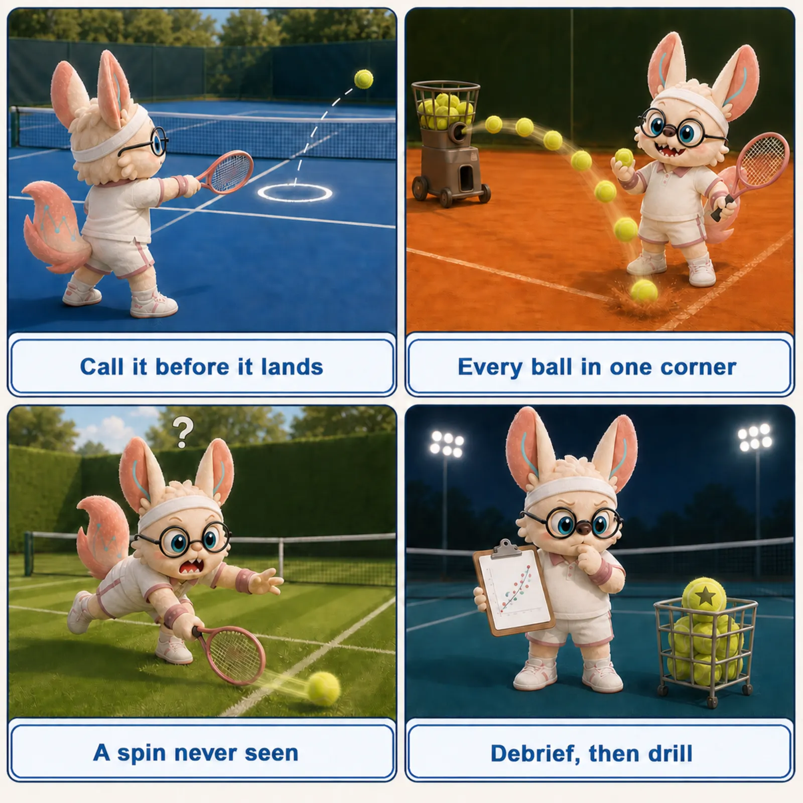 Four-panel tennis comic across the four Grand Slams: calling the landing spot on a blue hard court; a ball machine firing every ball into the same corner on clay; a skidding low ball missed on grass; and a night-session debrief with a dotted clipboard and a starred ball