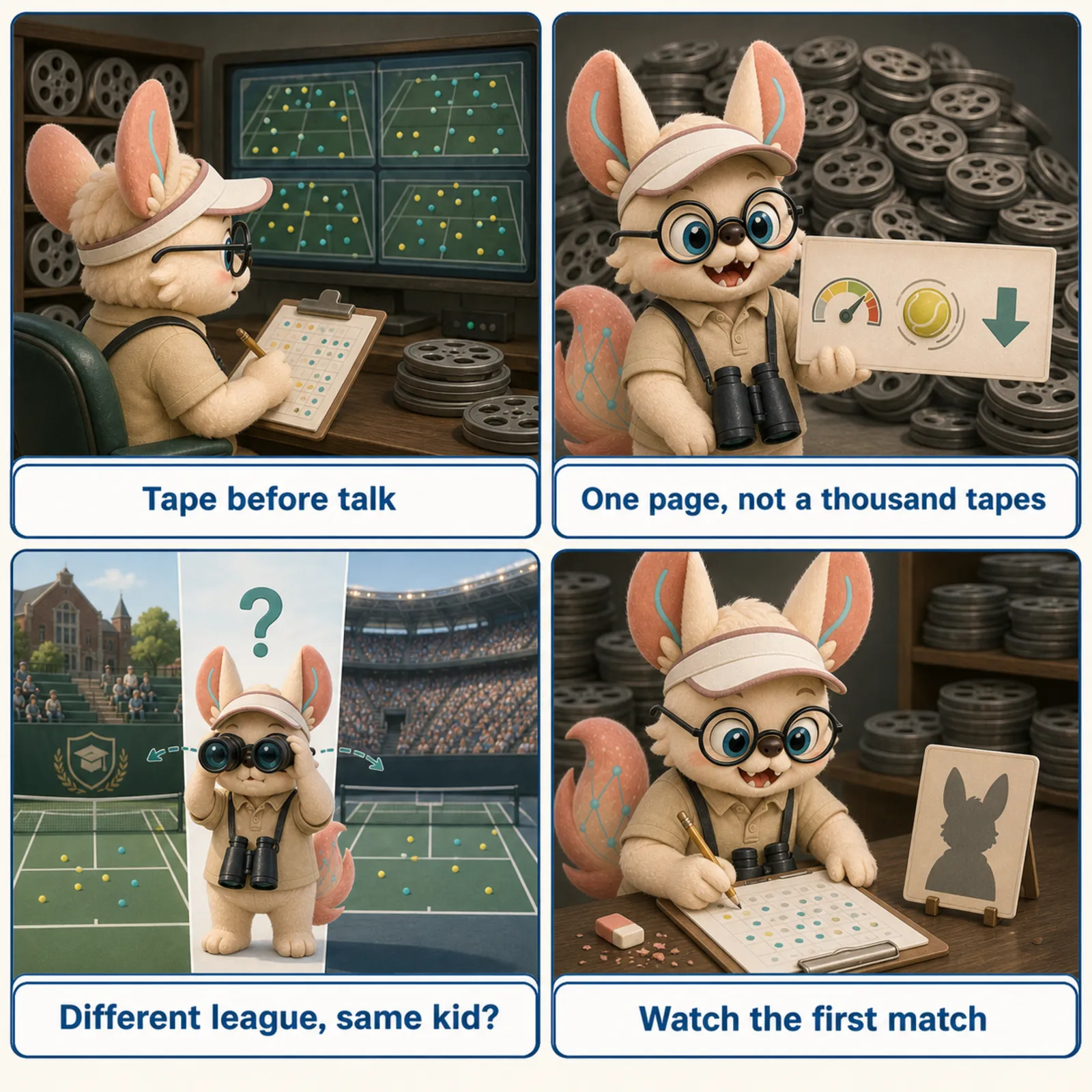 Four-panel tennis scout comic for drug response prediction: watching measured match footage, compressing tapes into a one-page report, comparing a player across different leagues, and revising the report after the first match