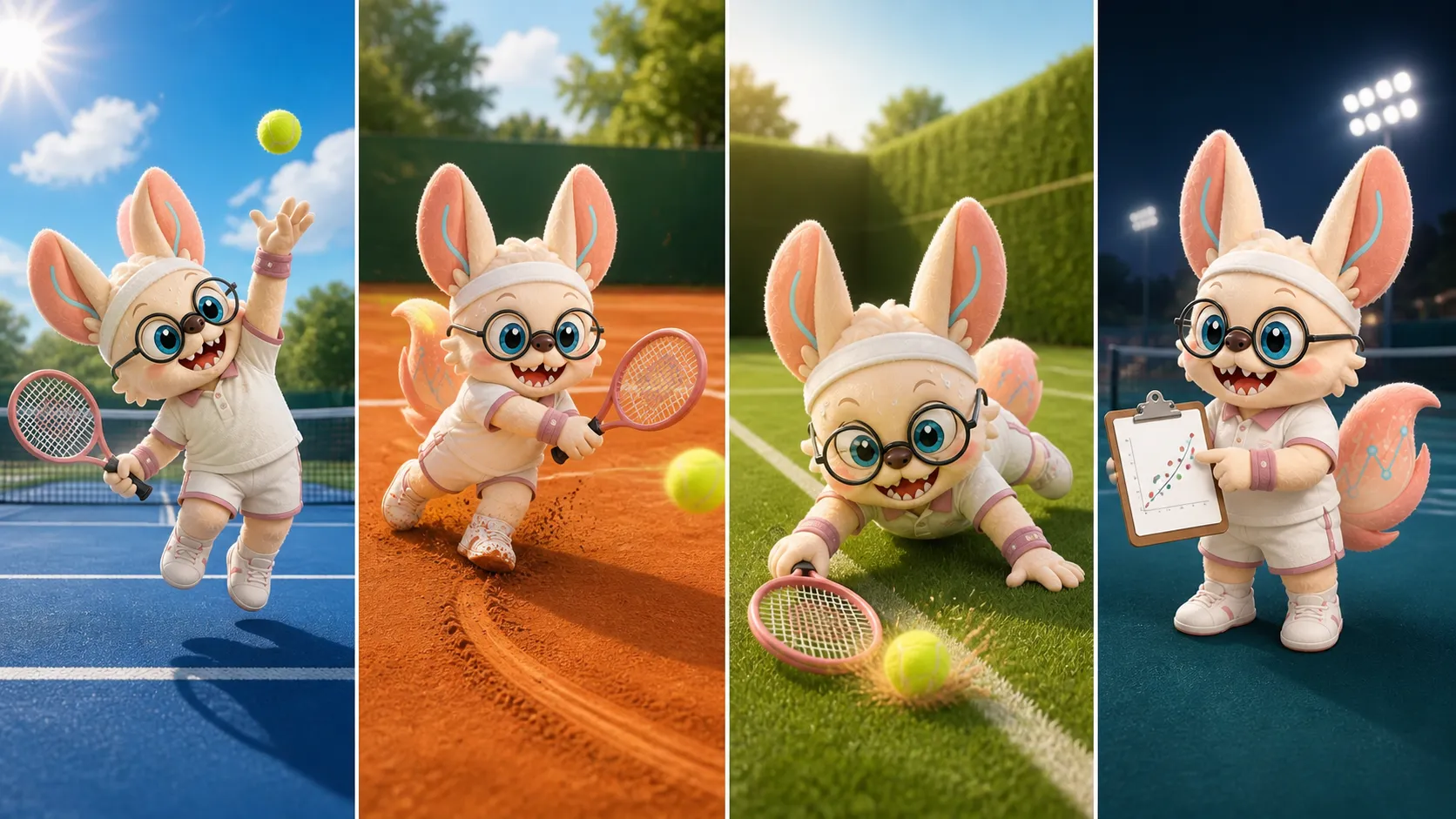 Four Grand Slam mini-scenes of the Healshu tennis player: serving on a blue hard court in summer heat, sliding into a long rally on orange clay, reaching for a skidding low ball on grass, and reviewing a dotted clipboard under night floodlights