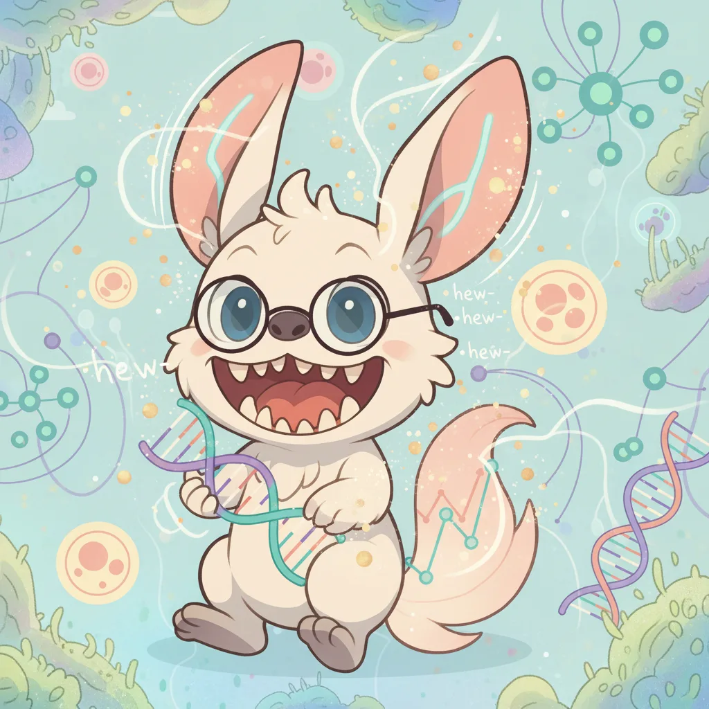 Healshu, a curious long-eared mascot holding DNA