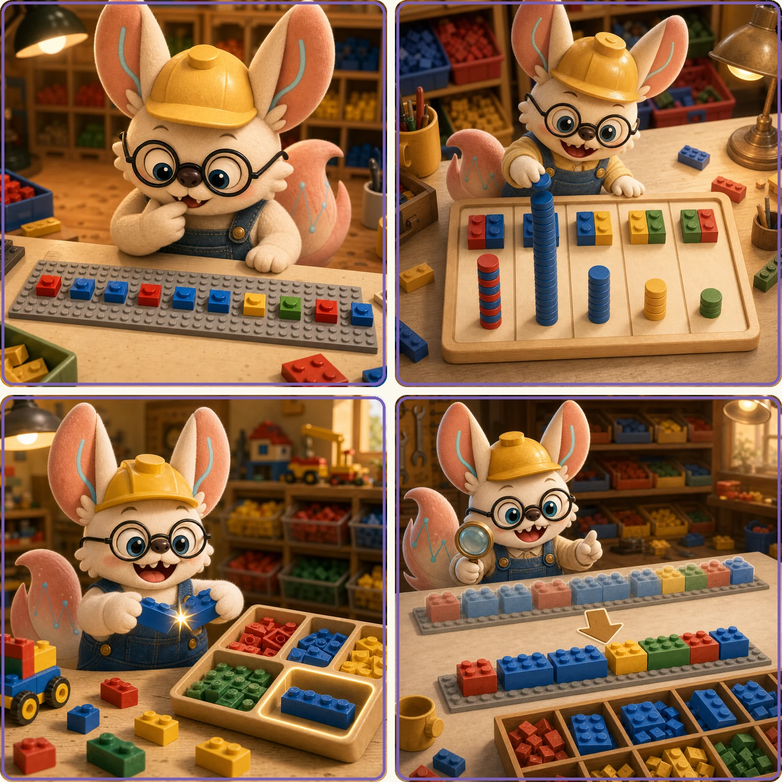 Four-panel LEGO comic of byte-pair encoding: a bucket of single bricks is dumped out, the pair that keeps recurring is spotted and clicked into one new piece, that merge is repeated until the tray holds a set of ready-made chunks, and a build is finished from far fewer pieces than it started with