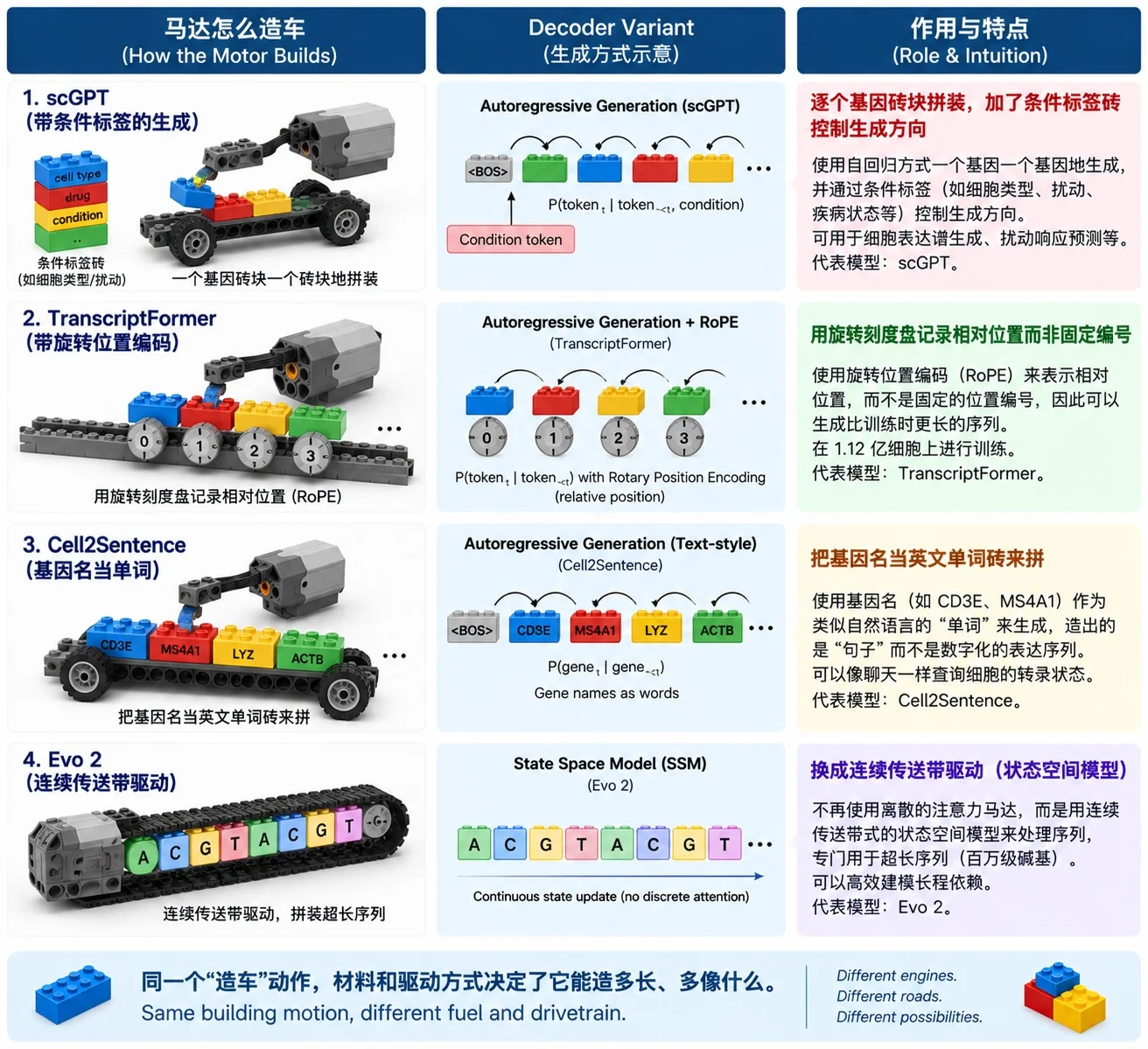 Three-column table comparing four decoder-only variants through a LEGO Power Unit lens: scGPT places one gene-brick at a time with a condition-tag brick steering direction; TranscriptFormer builds along a rail with a rotating dial (RoPE) under each brick; Cell2Sentence uses bricks printed with English gene-name words; Evo 2 replaces the motor and gears with a continuous conveyor-belt drive (state space model) for very long nucleotide sequences
