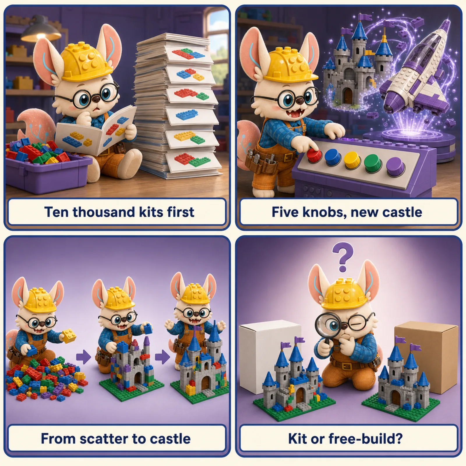Four-panel LEGO comic of generative models: studying a tall stack of kit booklets before touching bricks; turning five unlabeled knobs on a control box while a new castle morphs; a three-stage sequence from scattered pile to finished castle; and a master appraiser squinting at two castles, kit versus free-build, with a question mark overhead