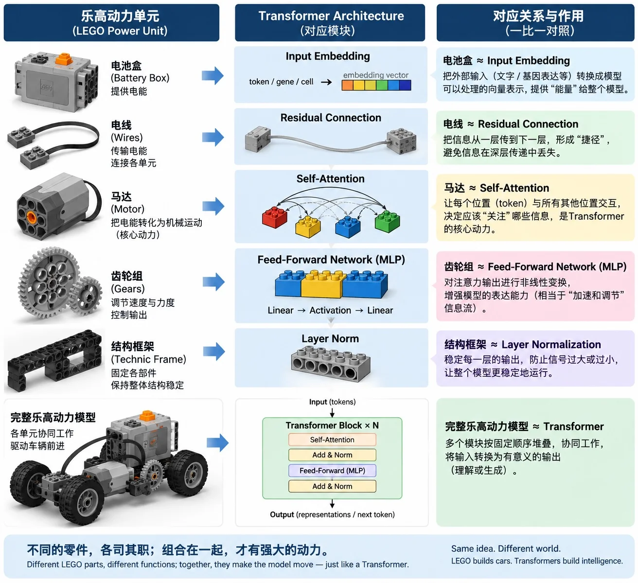 Three-column table mapping the LEGO Power Unit to Transformer Architecture: battery box to input embedding, wires to residual connection, motor to self-attention, gears to feed-forward network (MLP), Technic frame to layer normalization, and the complete LEGO power model to the full Transformer Block times N, with a one-to-one correspondence and role explained for each row