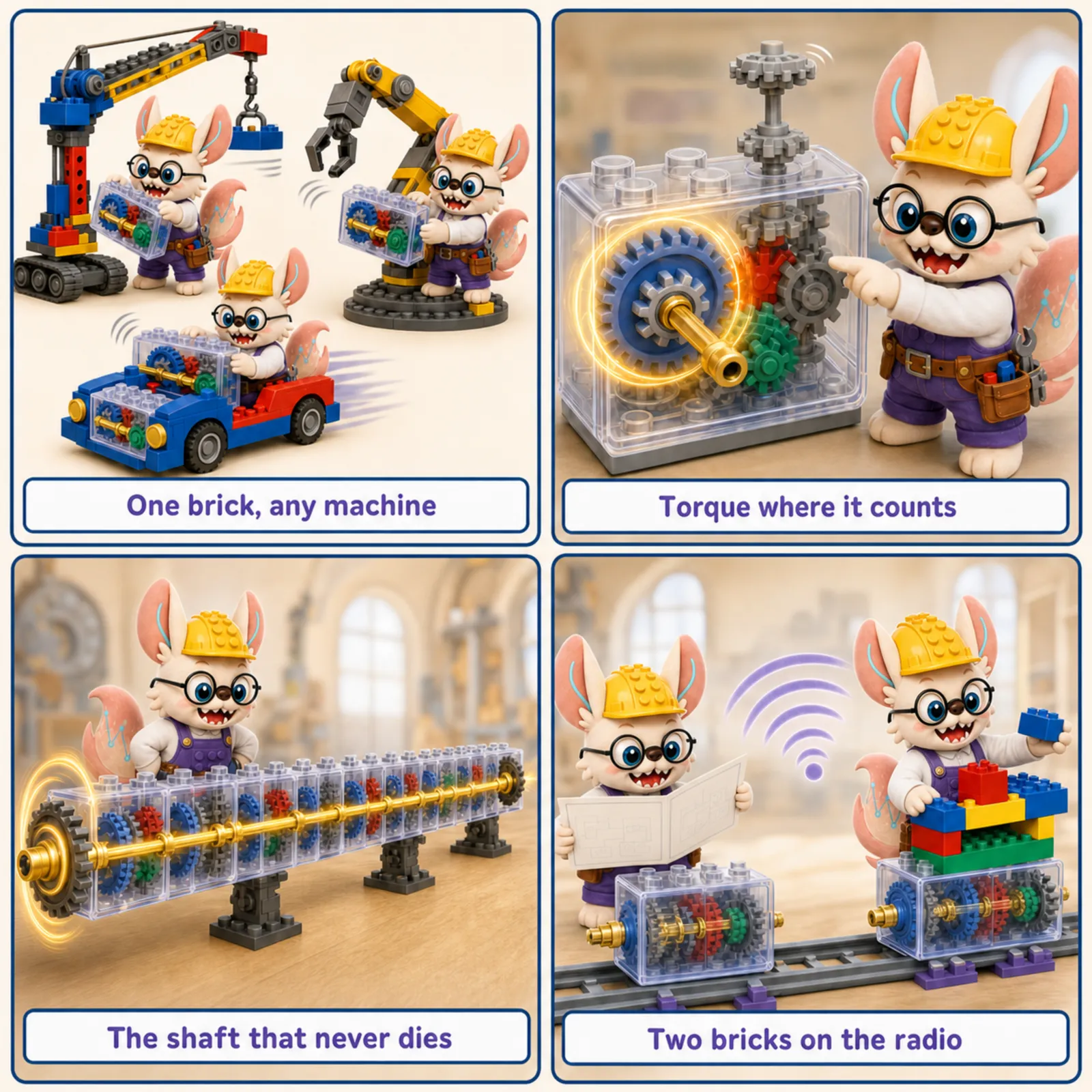 Four-panel LEGO power brick comic: the same sealed power brick snapped into a crane, a car, and a factory arm; a gearbox routing torque to the gears that need it; a golden driveshaft glowing at full strength through a very long machine while geared paths dim; and two power bricks on a rail, one reading a blueprint and beaming a summary while the other builds