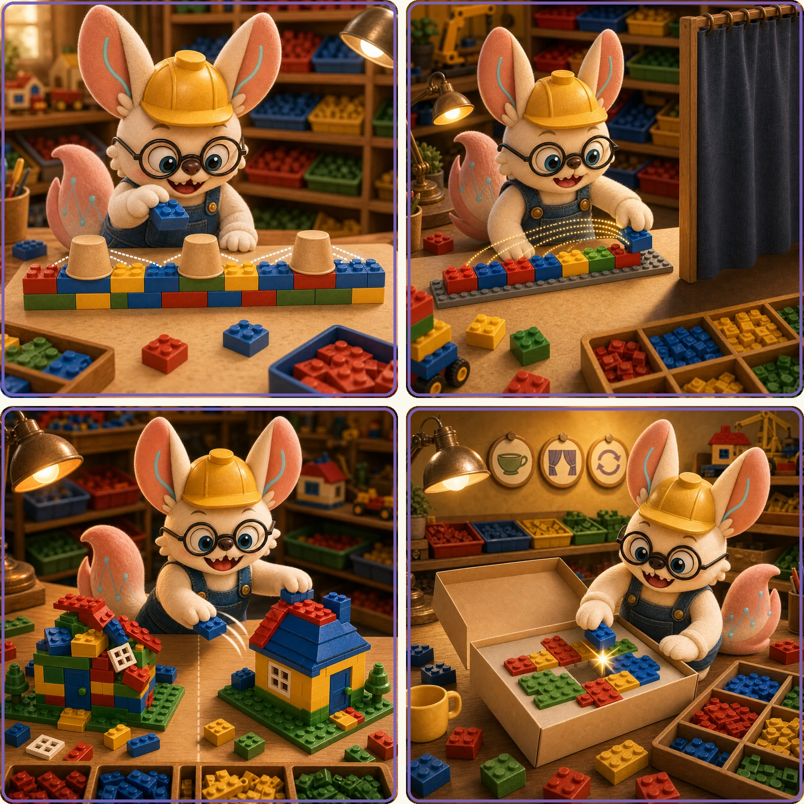 Four-panel LEGO comic of pretraining objectives: cups hide several bricks in a finished row and the builder infers each covered piece from the ones around it; a curtain conceals the rest of a row and the builder predicts only the next brick from what came before; a jumbled build sits beside the tidy house it should become; and on a workbench hung with three icons — a cup, a curtain, a cycle arrow — the builder places one glowing brick into a fresh tray