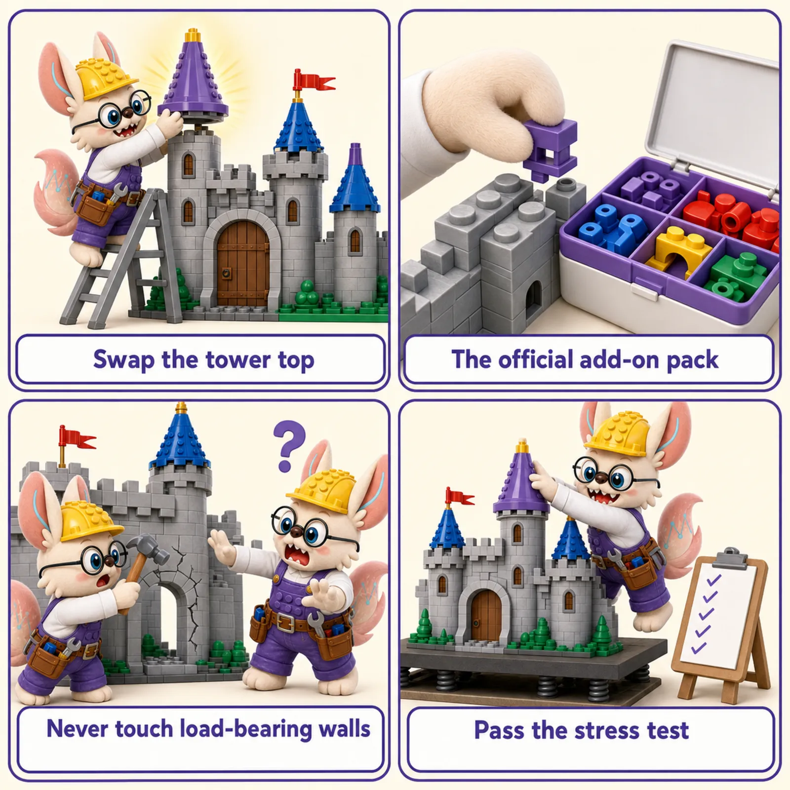 Four-panel LEGO retrofit comic: swapping only the castle tower top for a hospital tower; a small adapter piece snapping onto an existing brick with originals untouched; a builder with a hammer paused beside a cracked load-bearing wall; and the modified castle passing a stress test on the bench
