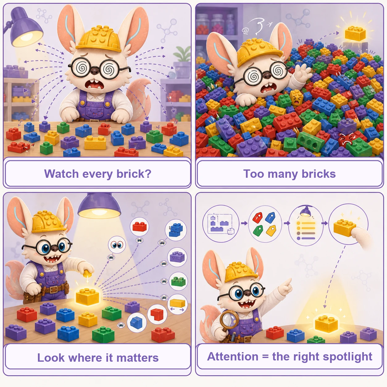 Four-panel LEGO comic of attention: the plan checks part labels first, a spotlight sweeps the full tray of bricks, eight pairs of eyes score the pieces in parallel, and the brightest bricks fall into the builder’s palm