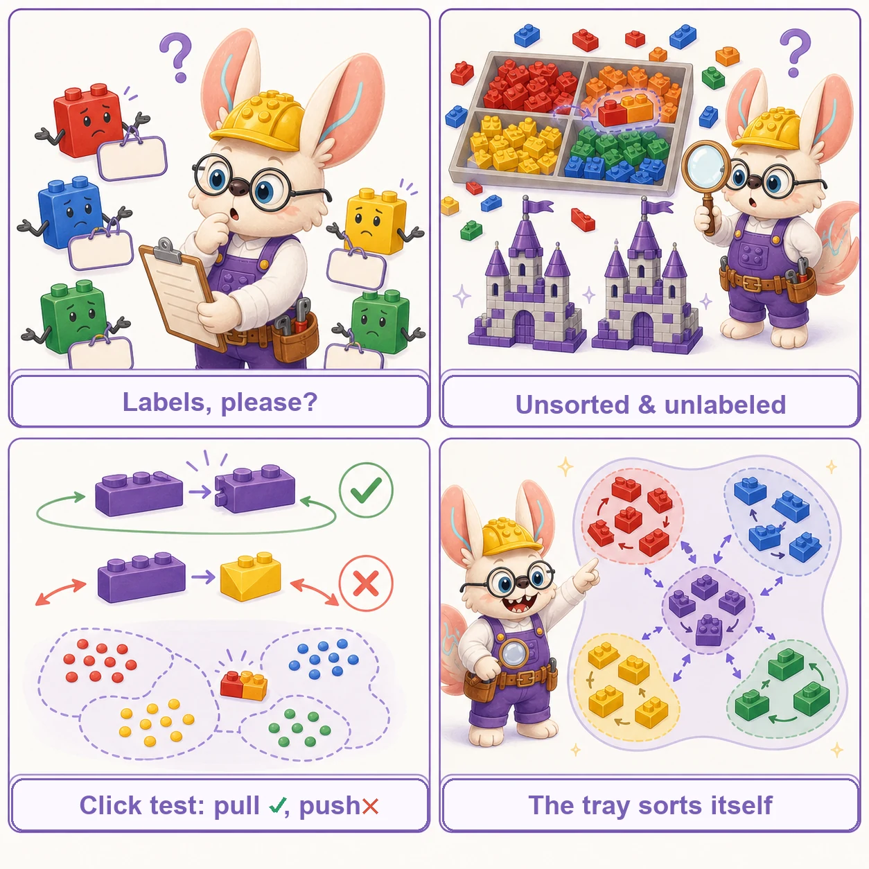Four-panel LEGO comic of contrastive learning: two bricks are click-tested for fit, the sorting tray groups same-coloured bricks, a mismatched piece is spotted, and a mixed-colour brick is corrected