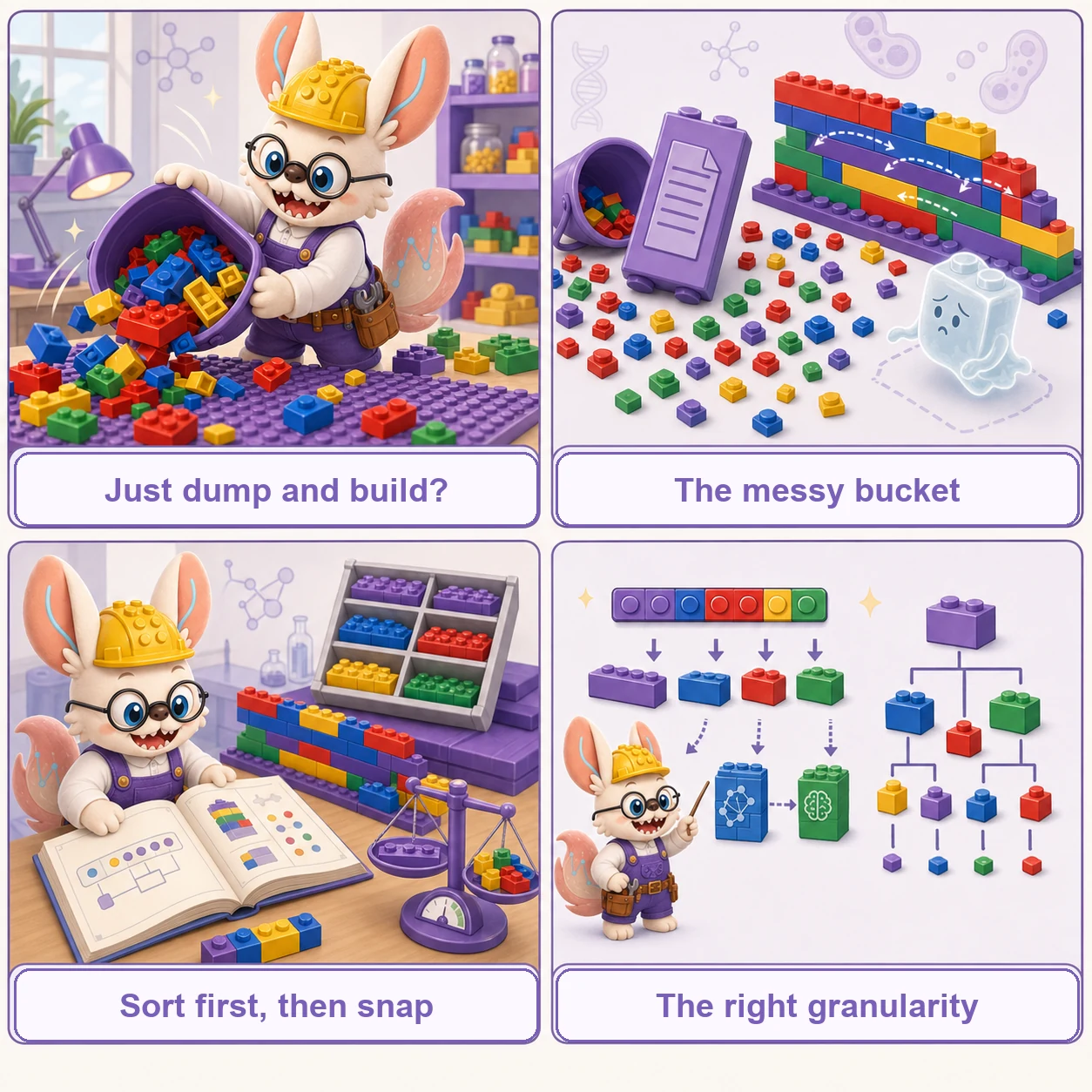 Four-panel LEGO comic of tokenization: the instruction booklet opens to page one, three bricks snap into a single unit, frequent pieces are picked from the sorting tray, and the wrong instruction page is picked up by mistake