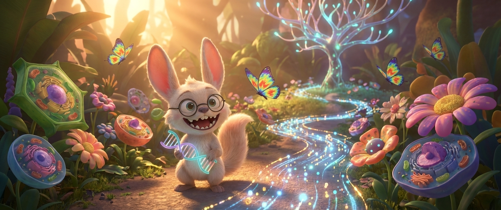 Healshu the bunny mascot exploring a glowing bioluminescent forest filled with cells, DNA, and butterflies