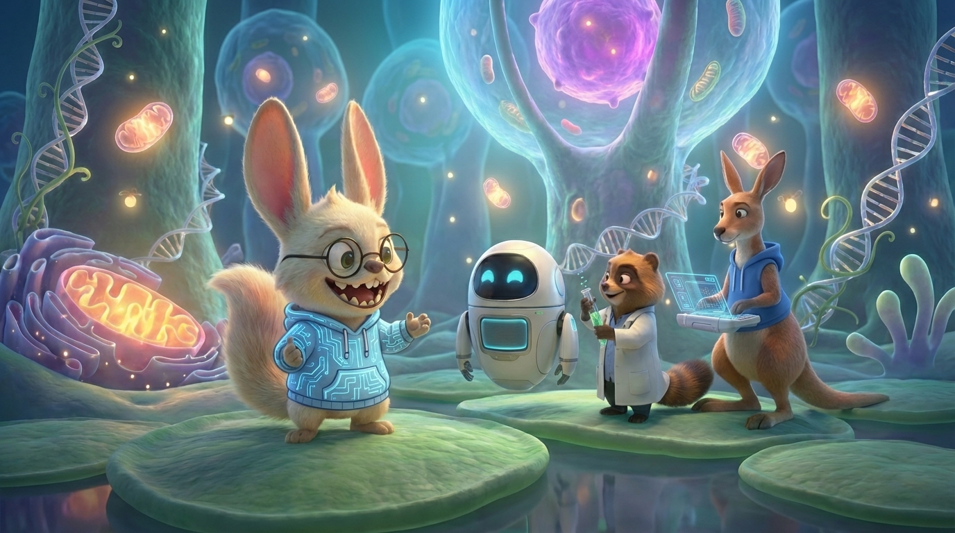 AI4Bio Mascot - Curious bunny exploring the world of cells and DNA