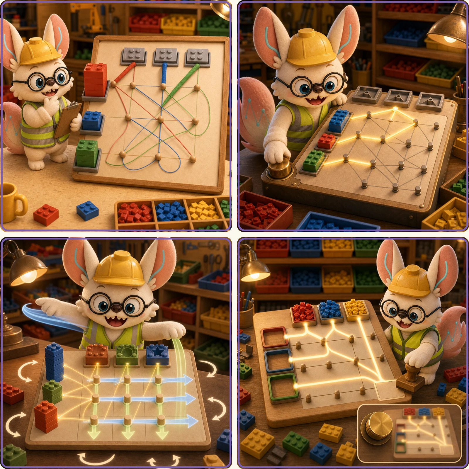 Four-panel LEGO comic of Sinkhorn iteration: an exact brick-by-brick move is abandoned as too slow, a blurred approximate plan is drawn instead, rows and columns are alternately rebalanced until the plan settles, and the finished coupling is close enough to move the whole city