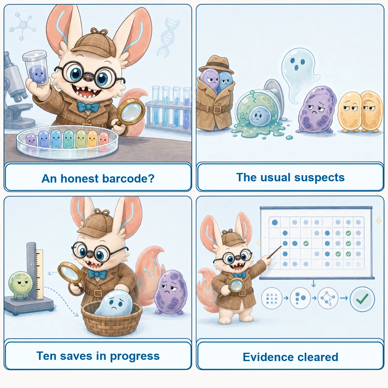Comic retelling of And Then There Were None as a single-cell QC parable: ten guests arrive on the island and are eliminated one by one, each standing for a quality-control failure mode