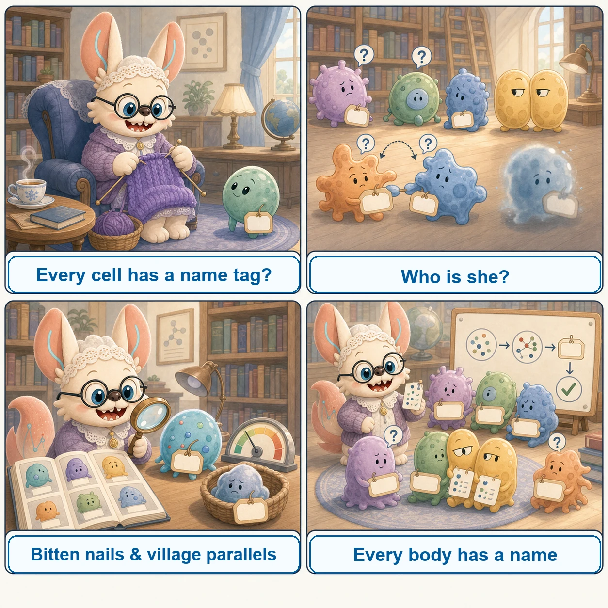 Four-panel comic retelling The Body in the Library as a cell-annotation parable: an unidentified cell is found, its marker genes are read as telltale details, it is matched against a reference atlas of known cells, and it is finally given a name with its confidence recorded