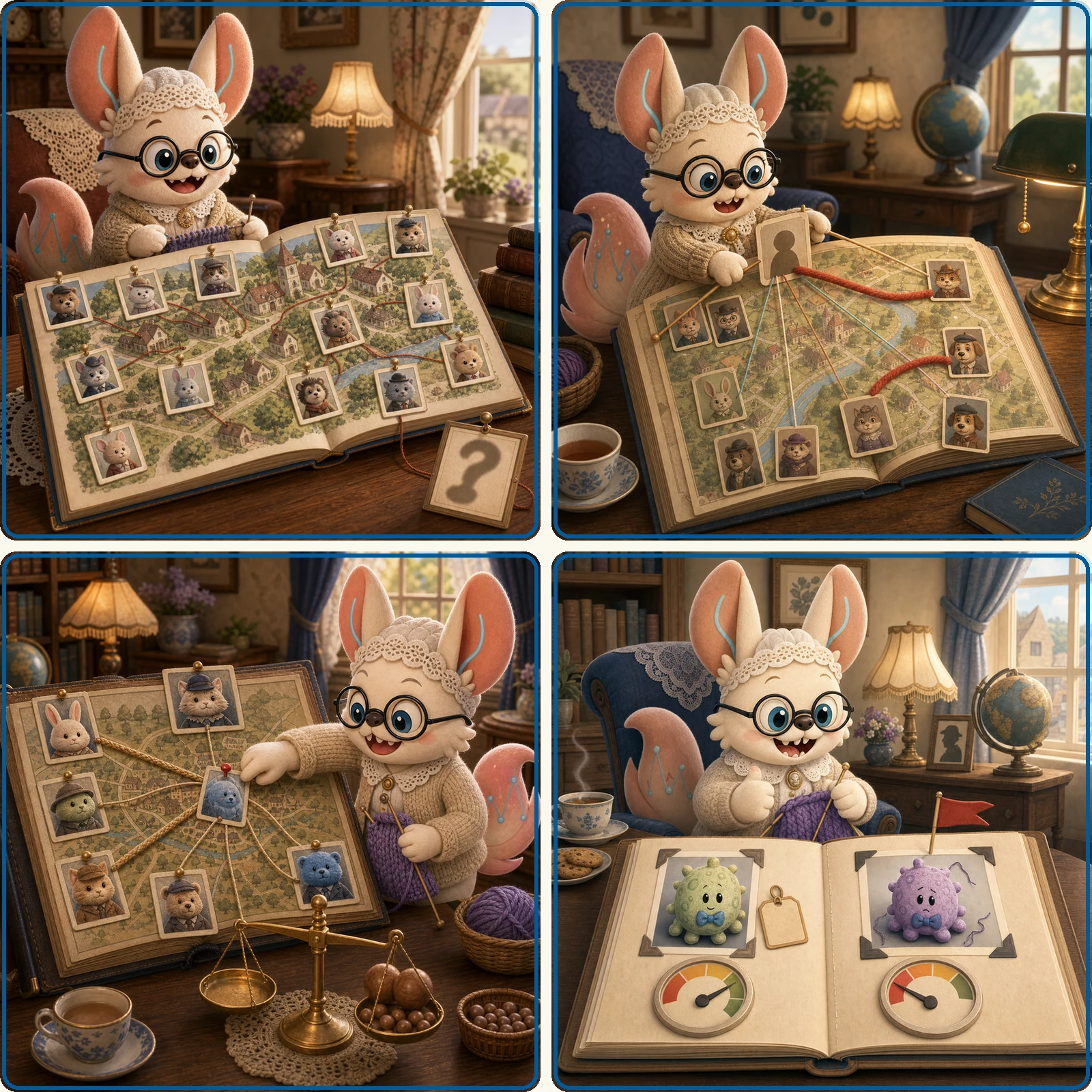 Four-panel comic of reference-based annotation with Azimuth: an unknown cell arrives without a name, it is held up against a curated reference atlas of known cell types, the closest match transfers its label along with a mapping score, and cells that match nothing well are left flagged rather than forced into a label