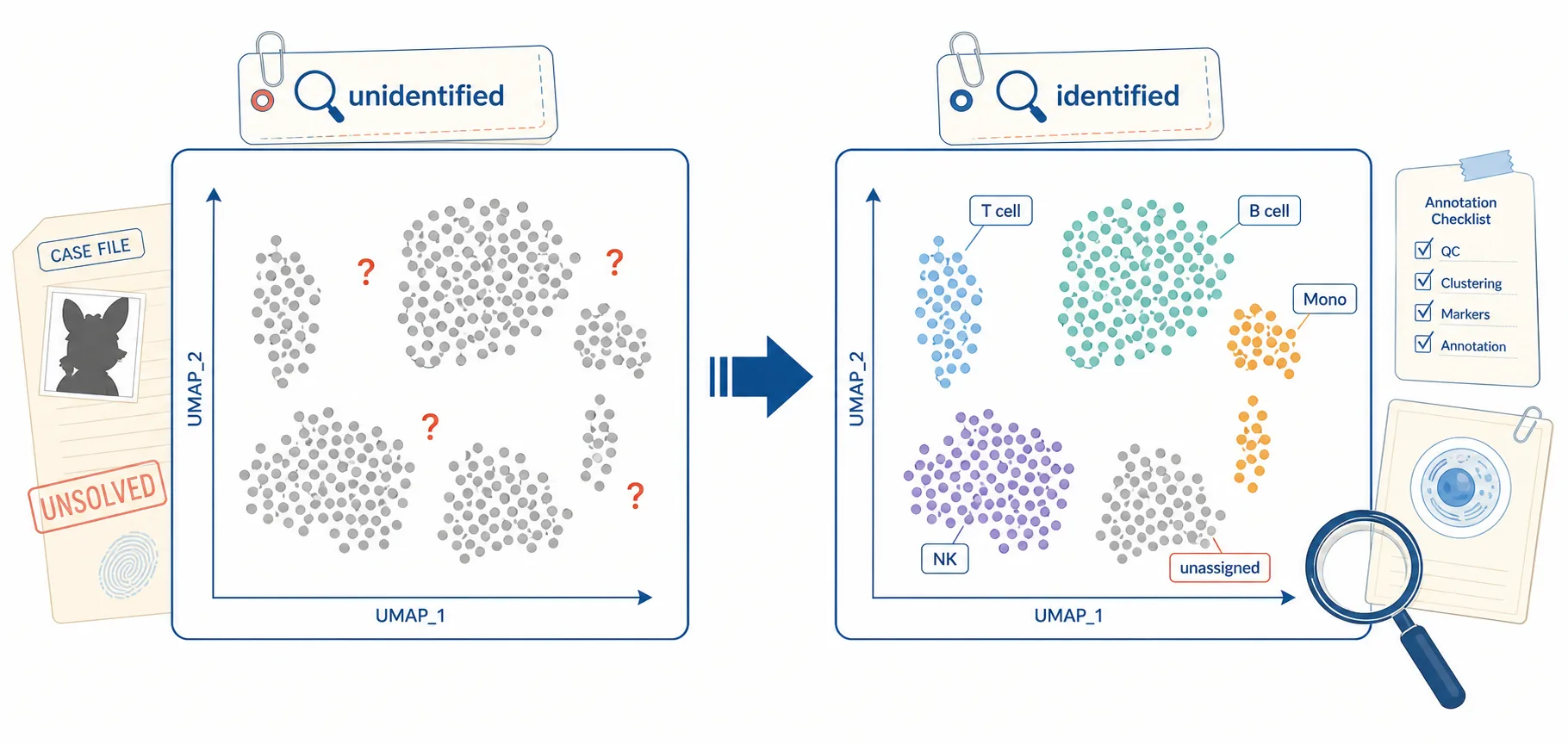 UMAP comparison: anonymous grey question-mark cells on the left become labeled, color-coded cell types on the right, with one low-evidence cluster honestly left unassigned