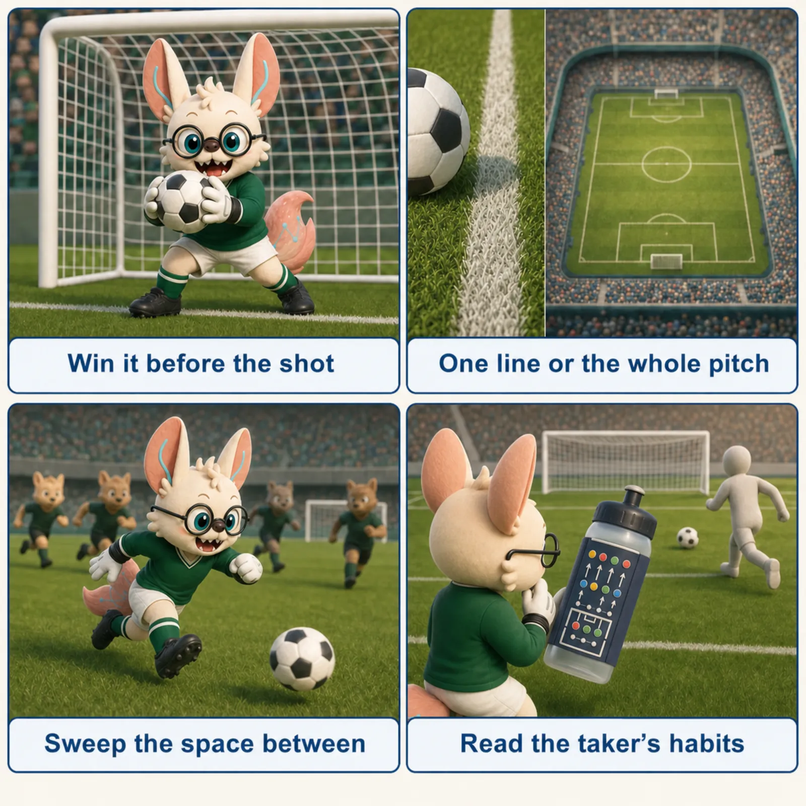 Four-panel goalkeeper comic: winning the duel before the shot by standing right; one goal-line camera at high detail versus the whole-pitch stadium view; sweeping the space between defense and goal; and studying the penalty taker's habit dots on a clipboard