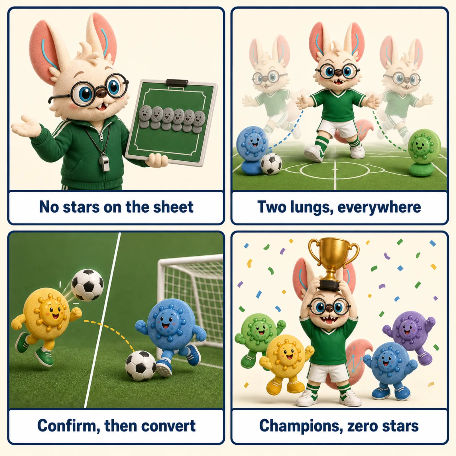 Four-panel Leicester City comic: a squad sheet with no stars; a midfielder appearing in two spots at once; a defender heading clear while a striker converts at the other end; and the whole no-star squad lifting the trophy together