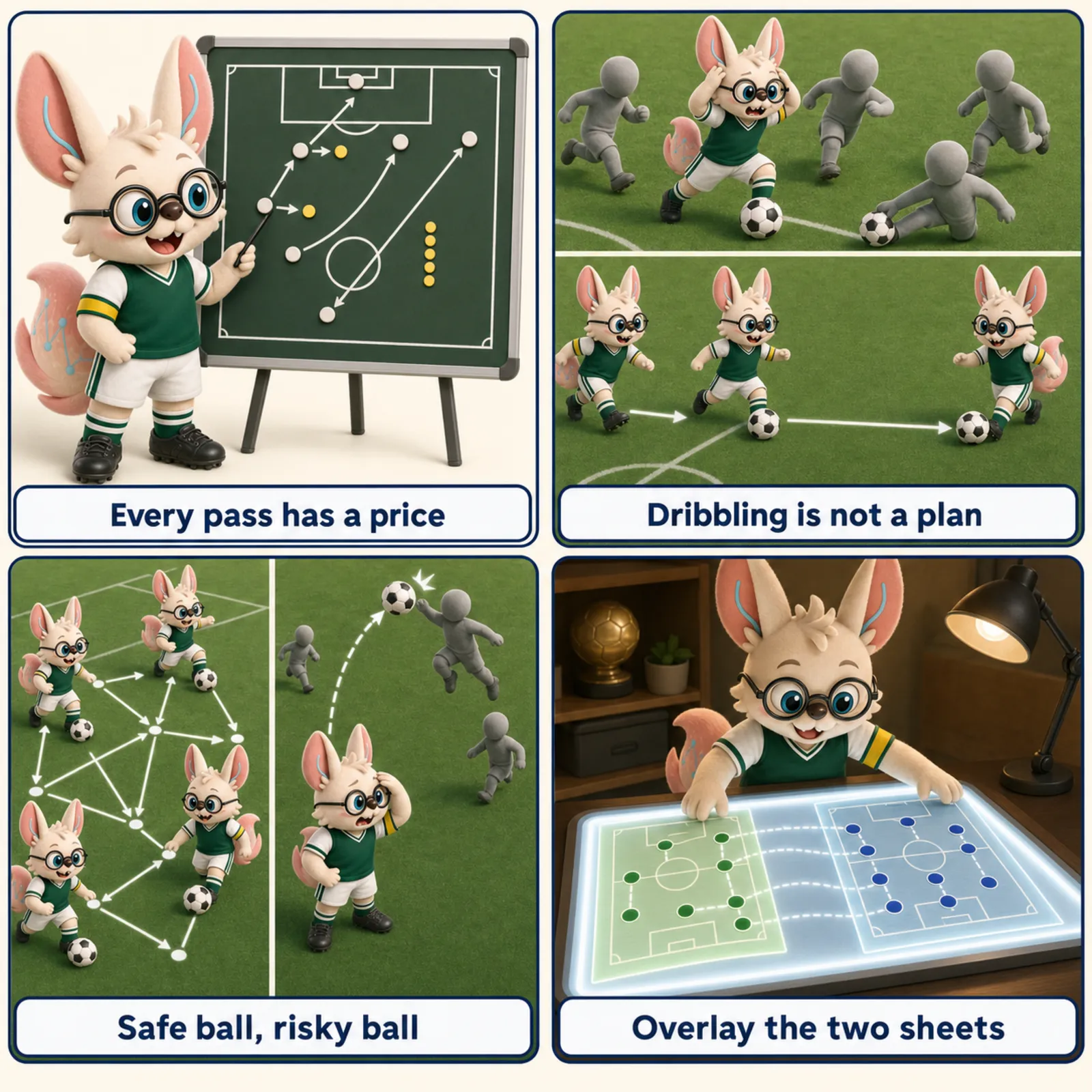 Four-panel football passing comic: a coach pricing every passing lane on a tactics board; a player dribbling past three and losing the ball while the team passes forward in three touches; a dial between safe short passes and one intercepted long ball; and two formation sheets overlaid with matched pairs linked
