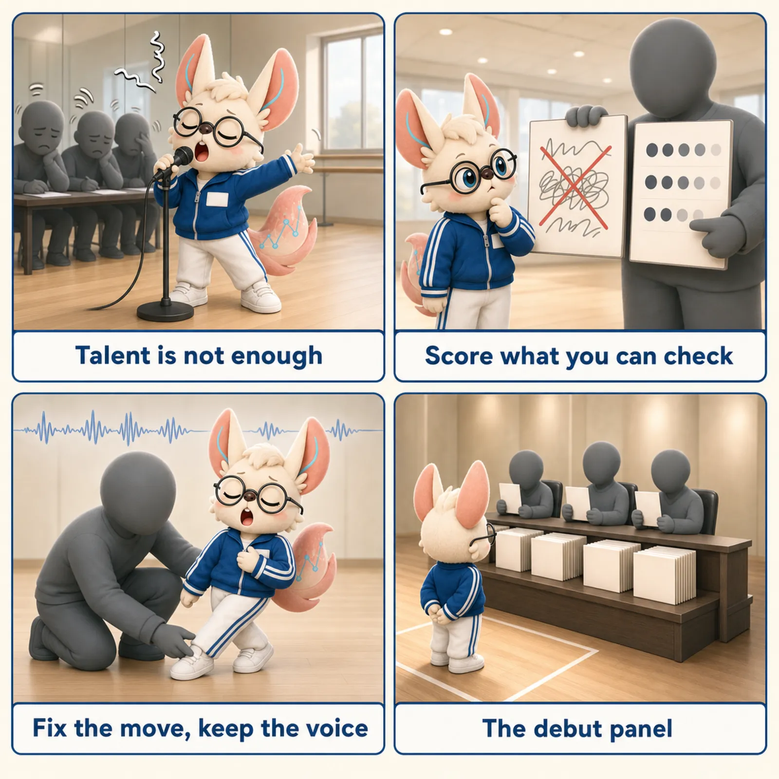 Four-panel K-pop trainee comic: a confident trainee singing off-key at the audition; a mentor contrasting a doodled scorecard crossed out with a clean dot-rated one; a mentor fixing the dance foot position while the sound wave stays unchanged; and three judges checking the trainee's profile against record archives before debut