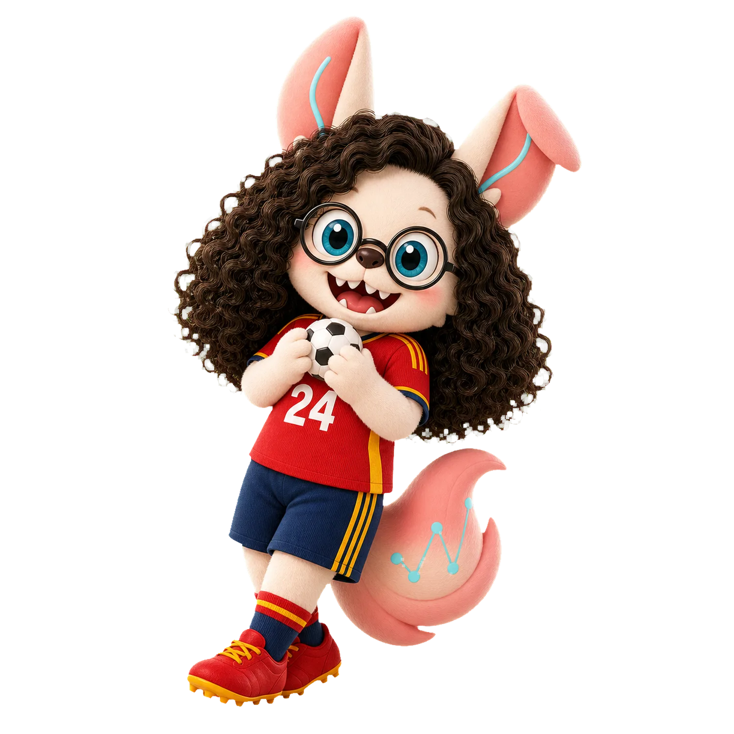 Healshu mascot with Cucurella-style curly hair, hugging a football in a red Spain number 24 jersey